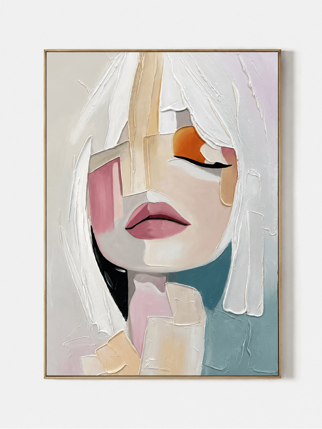 Hand-painted textured abstract woman portrait wall art in ivory, blush and teal by Eleanor Hayes