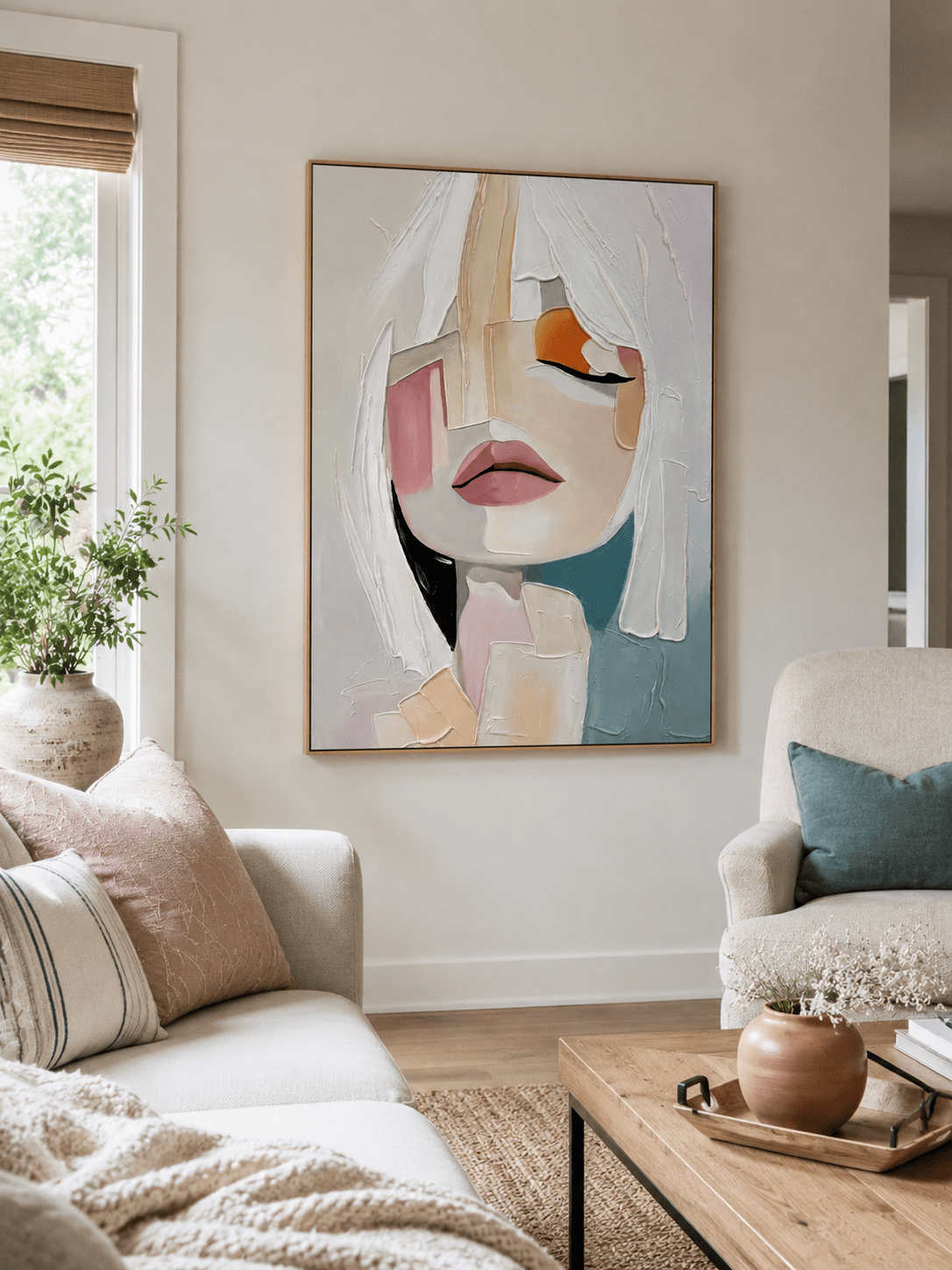 Abstract feminine portrait painting above a neutral sofa in a soft modern living room