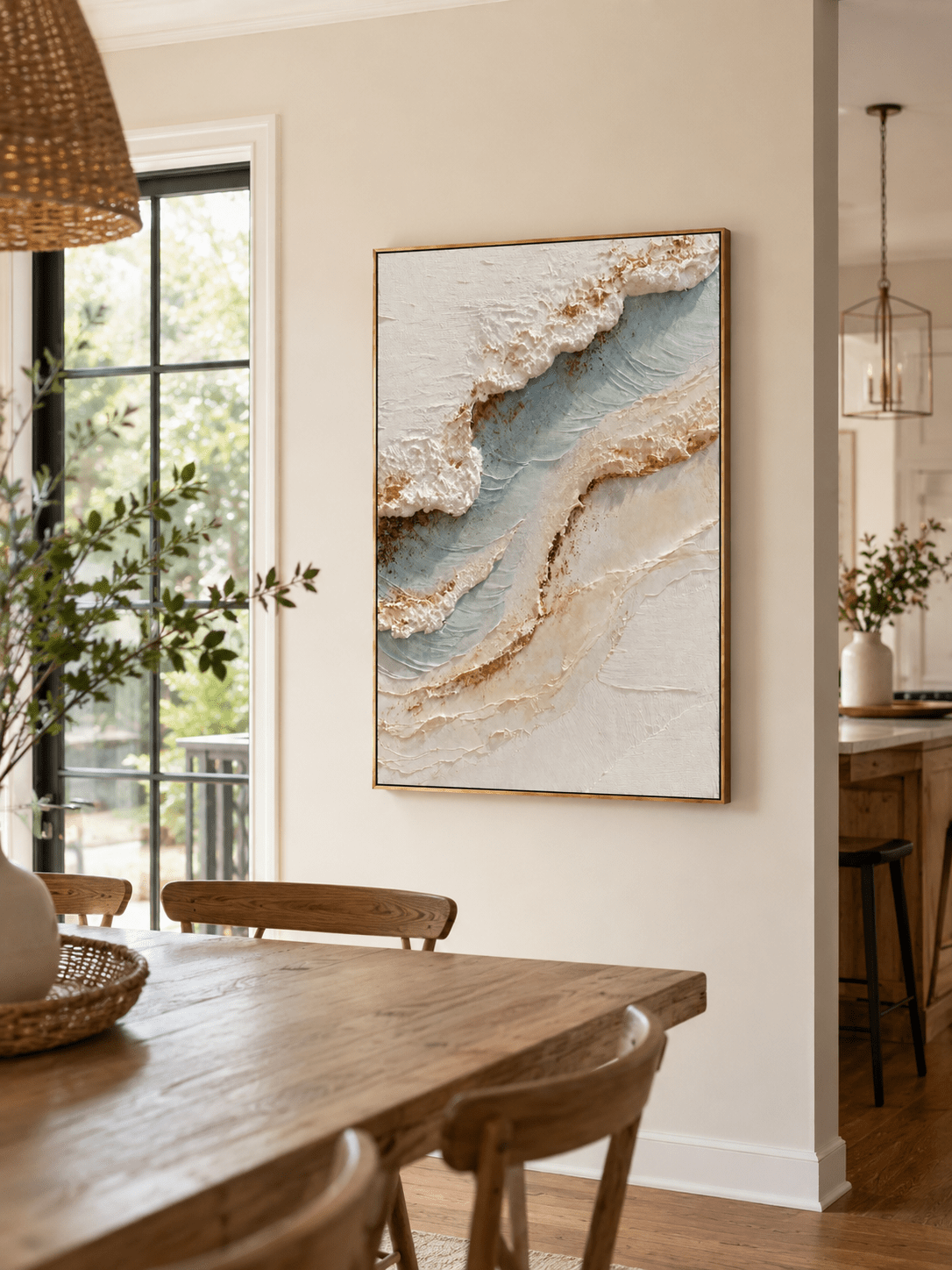 3D textured coastal abstract painting displayed in a warm open-plan dining room