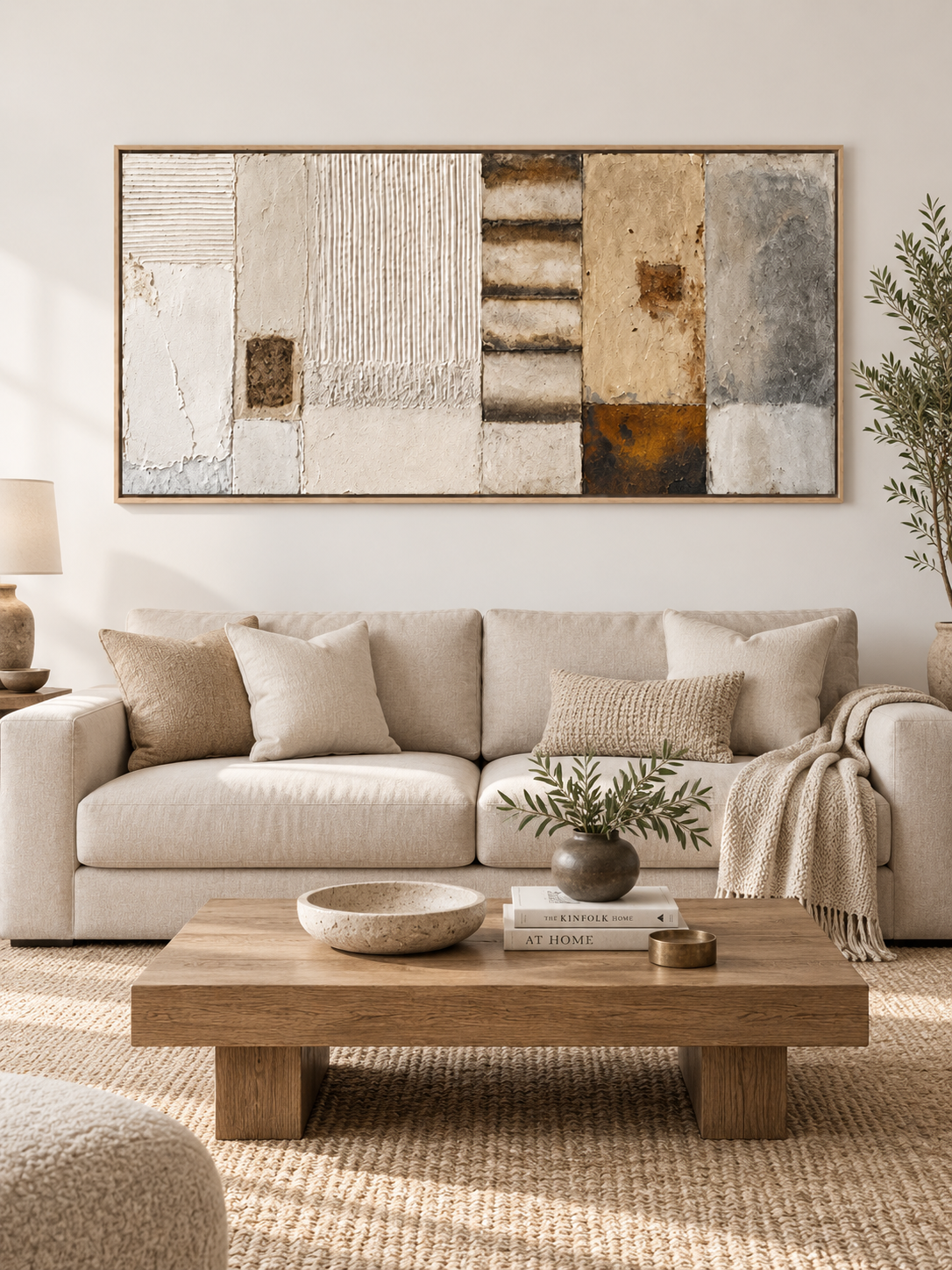 Large horizontal neutral textured wall art displayed above a cream sofa in an organic modern living room