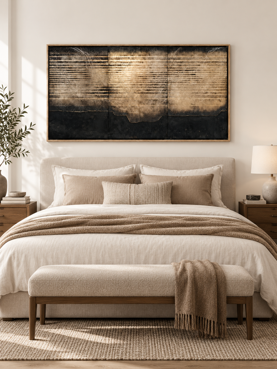 Panoramic black beige and champagne textured painting displayed above the bed in a warm contemporary bedroom
