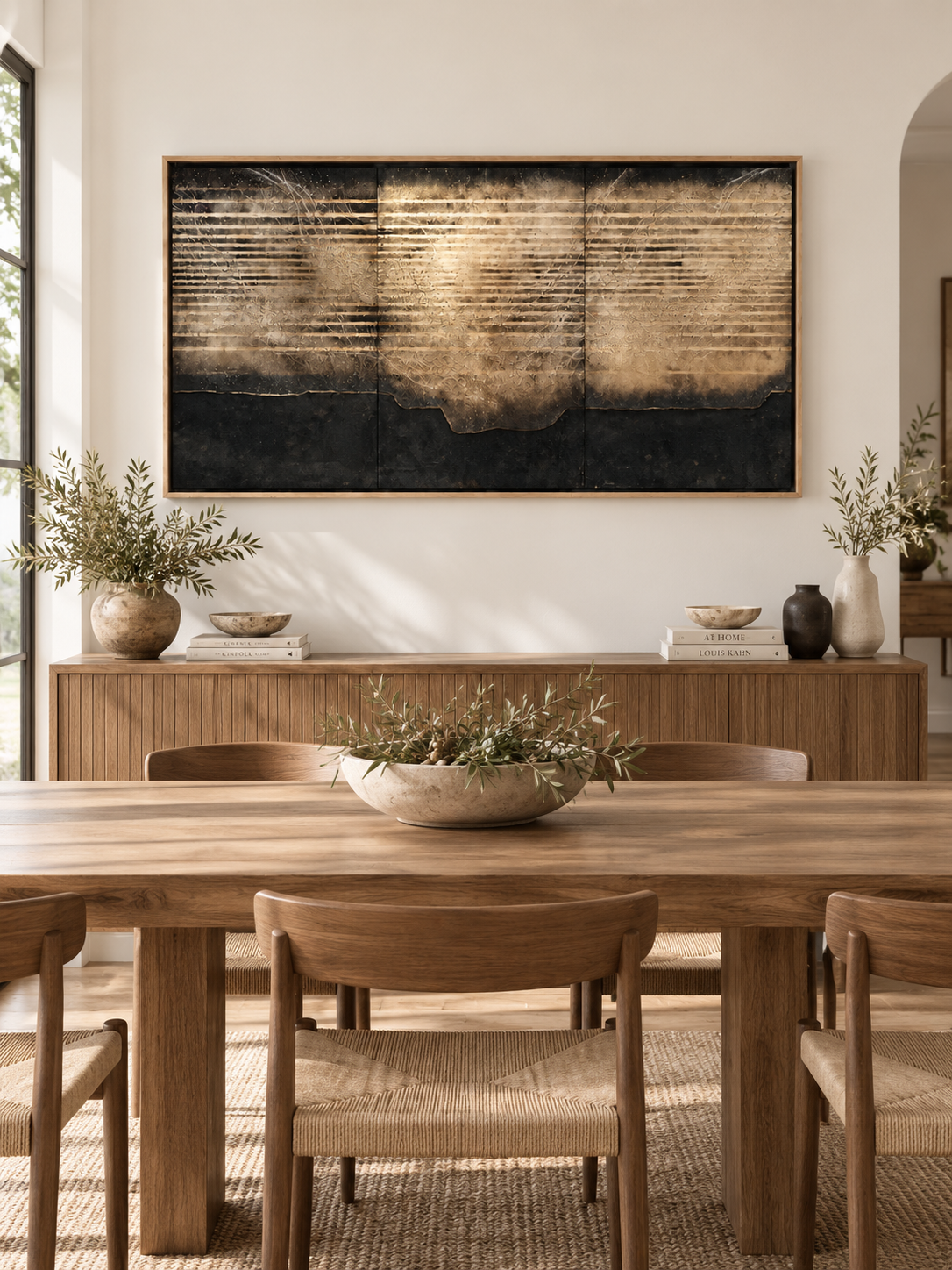 Large black textured abstract wall art displayed in an open dining room with walnut furniture and warm lighting