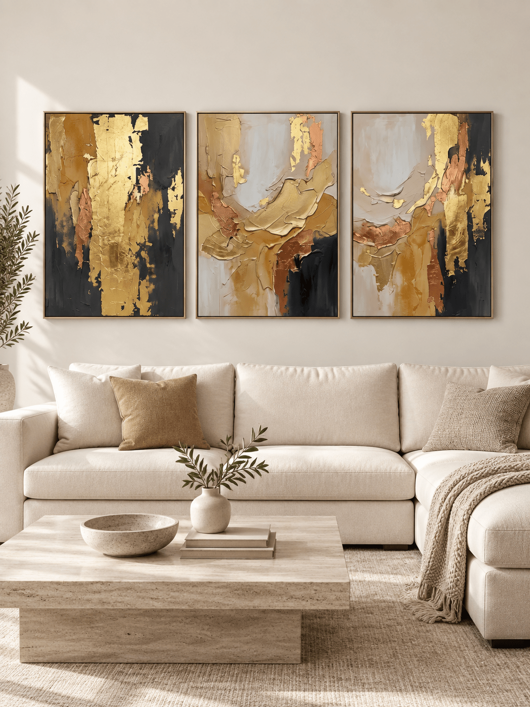 Hand-painted abstract triptych wall art set of three in beige black caramel and gold-toned texture by Leo Liang