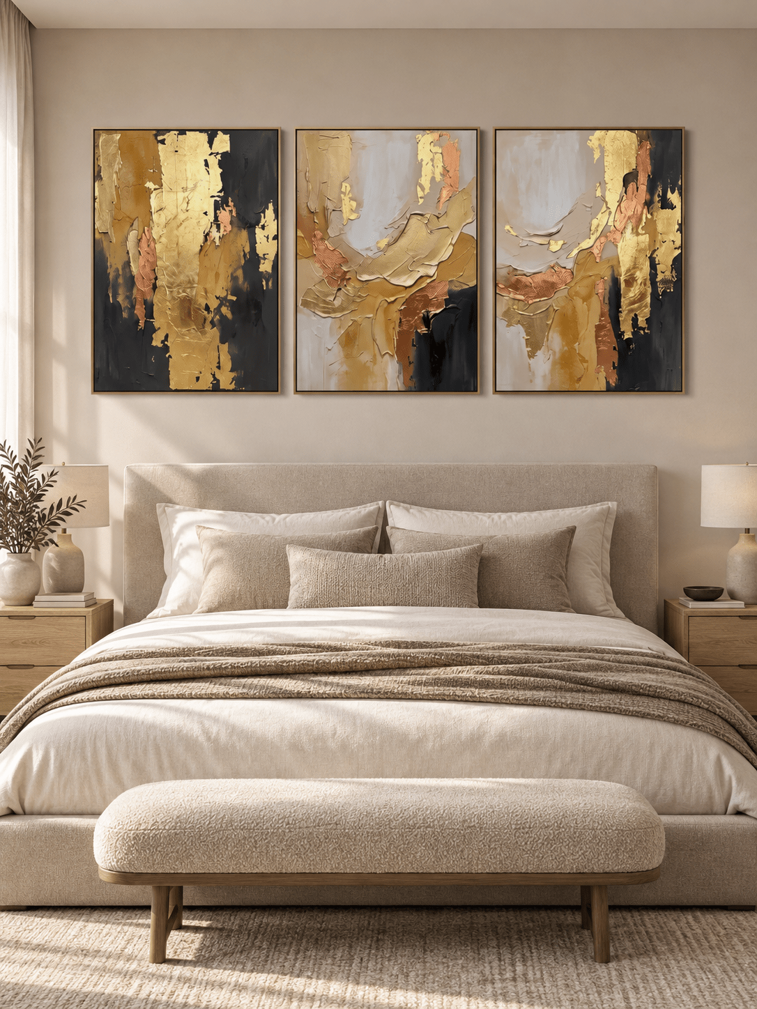 Three-piece textured abstract wall art in gold black and neutral beige displayed above a modern bedroom headboard