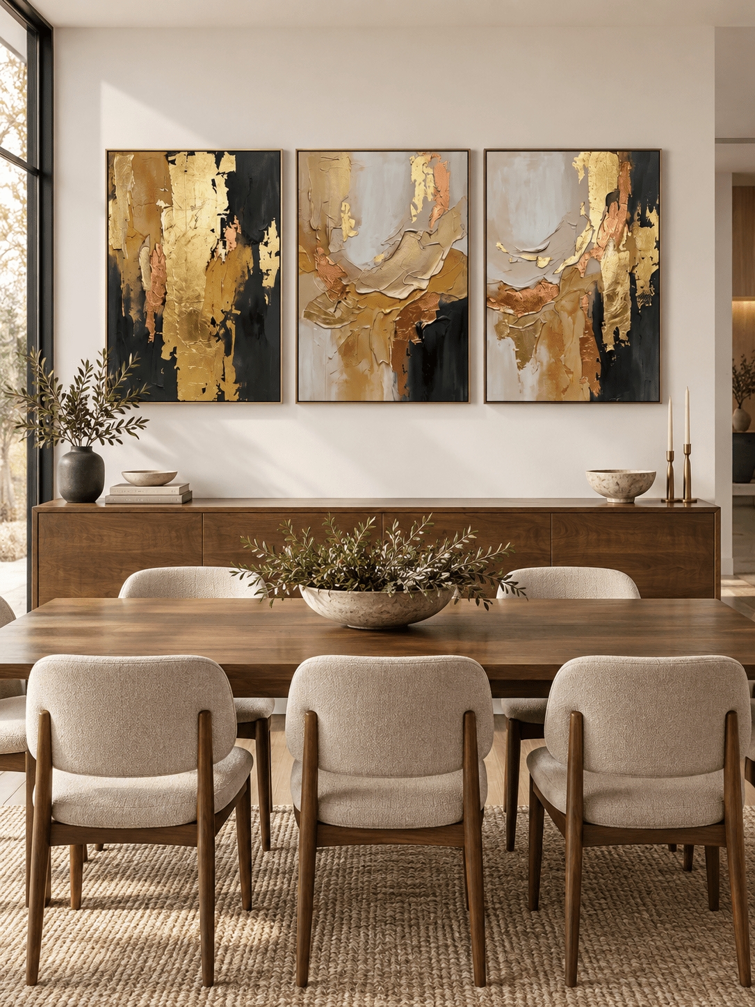 Large textured abstract triptych displayed in an open dining room with walnut furniture and natural stone decor