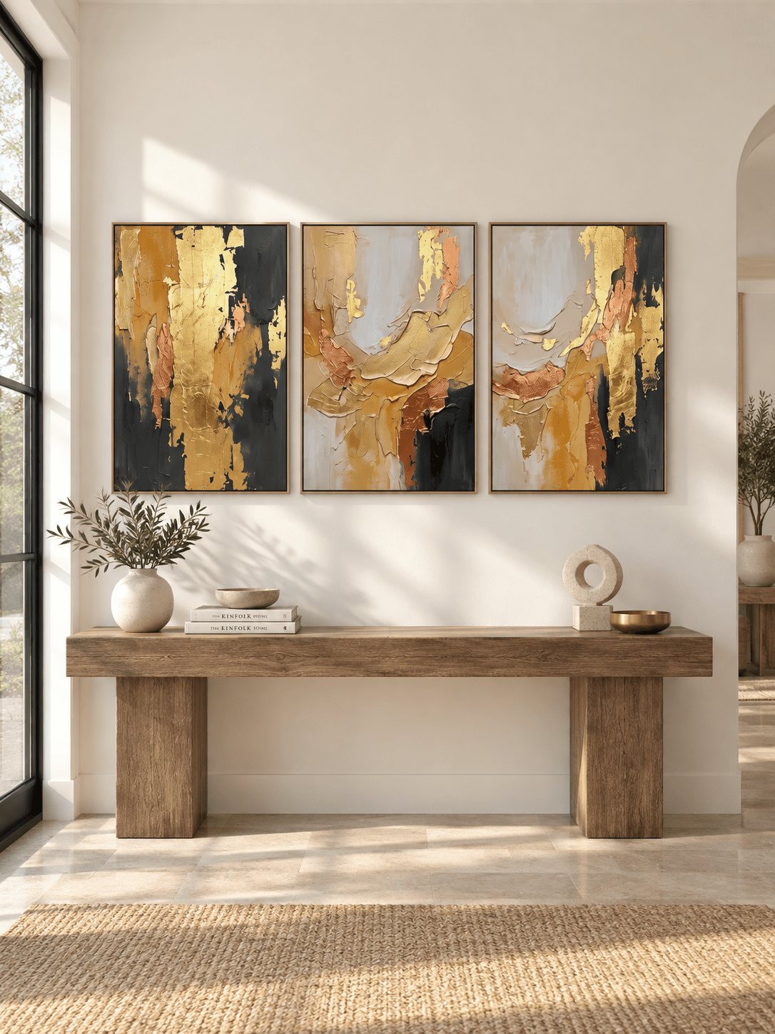 Modern three-panel abstract wall art in beige black and gold-toned colors displayed above a wide entryway console