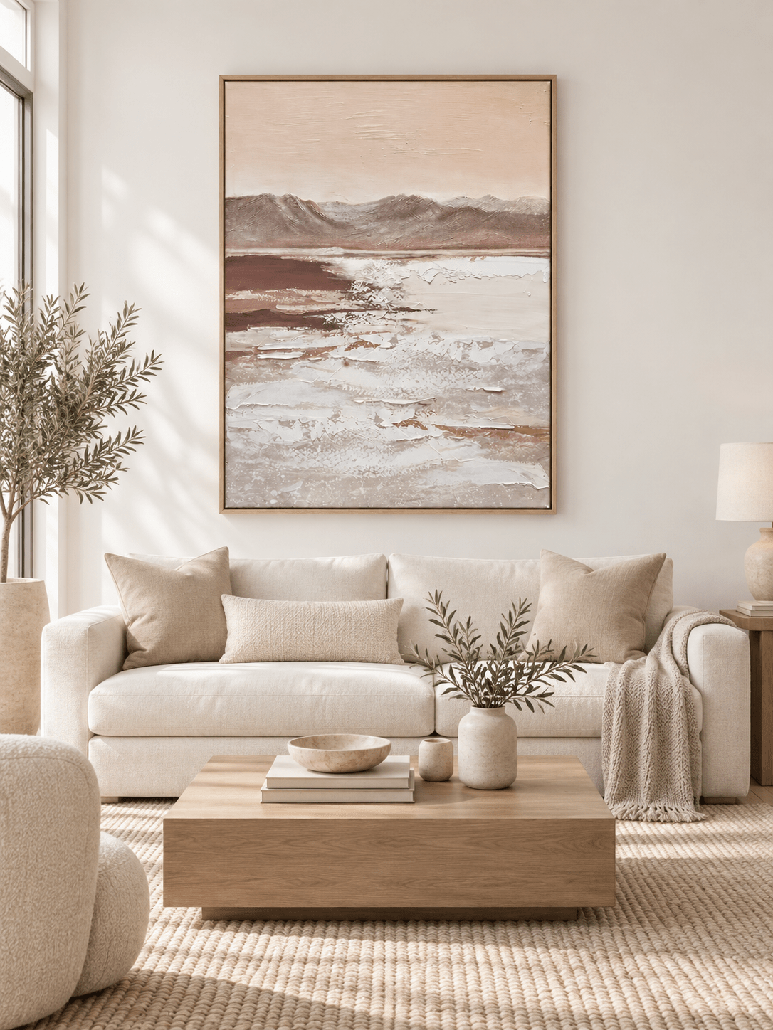 Vertical taupe mountain wall art displayed in a warm neutral organic modern living room