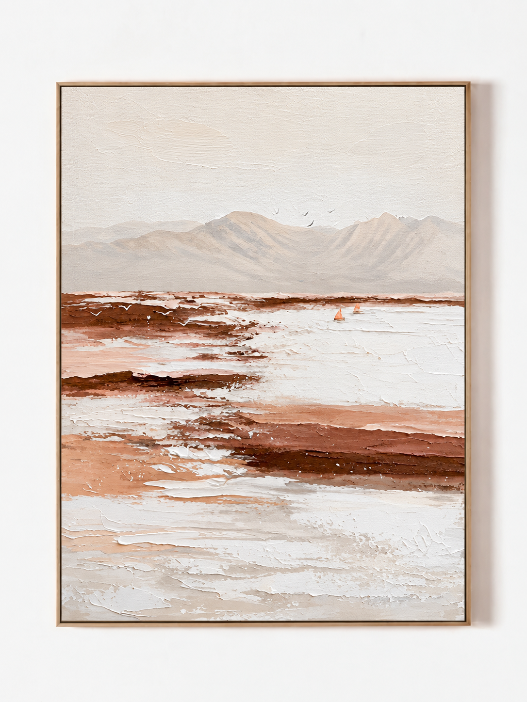 Hand-painted terracotta mountain landscape wall art in ivory blush beige and warm taupe by Evelyn Li