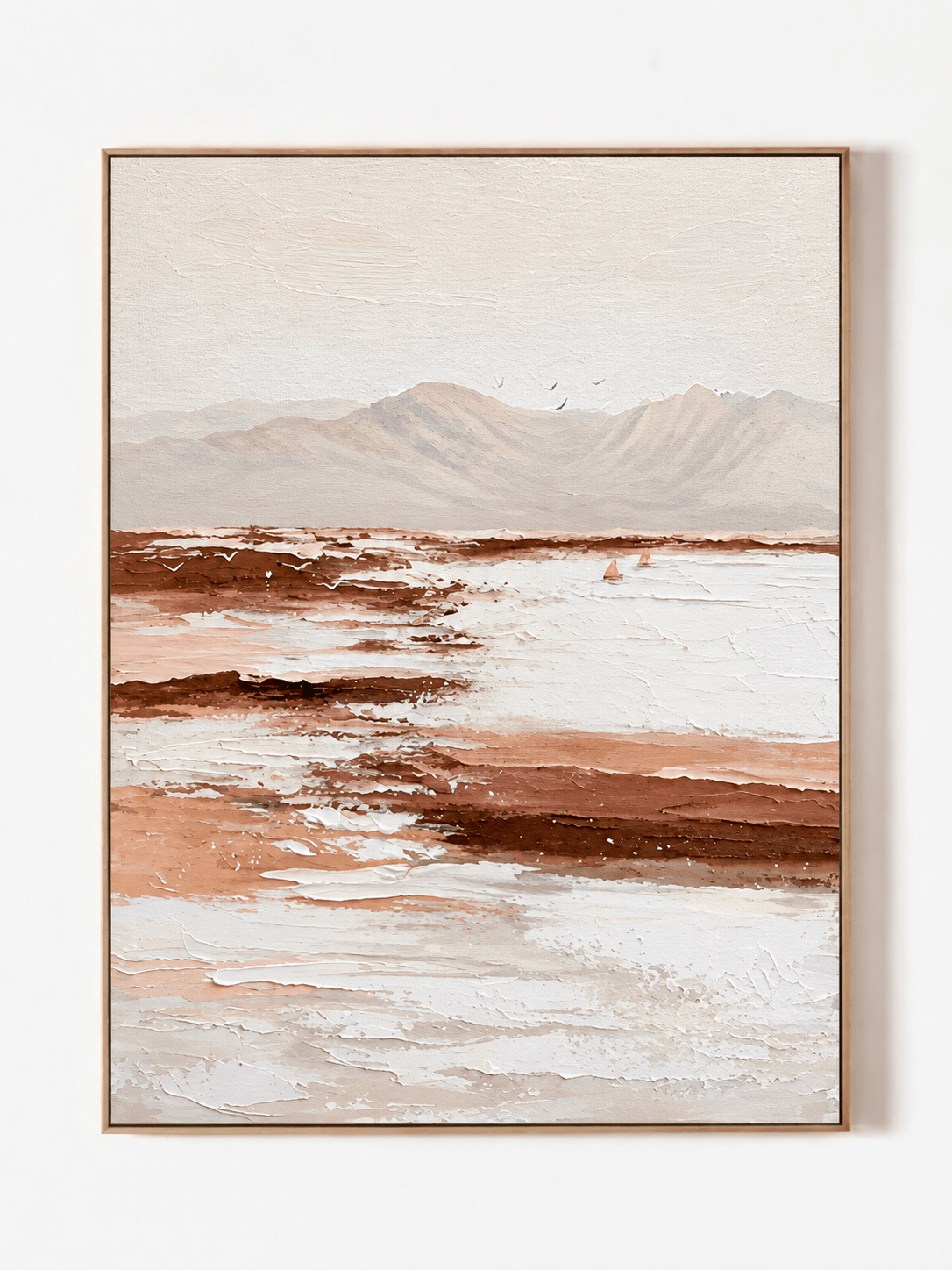 Hand-painted terracotta mountain landscape wall art in ivory blush beige and warm taupe by Evelyn Li