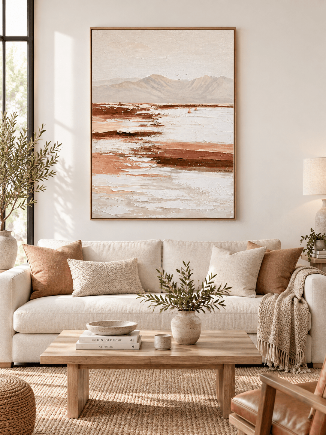 Large vertical terracotta mountain wall art displayed in a warm neutral organic modern living room