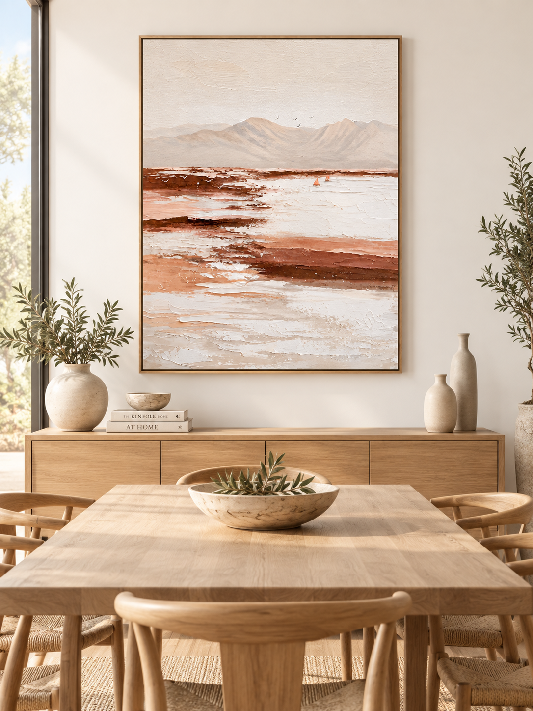 Vertical neutral mountain landscape wall art displayed in an open dining room with walnut and stone furniture