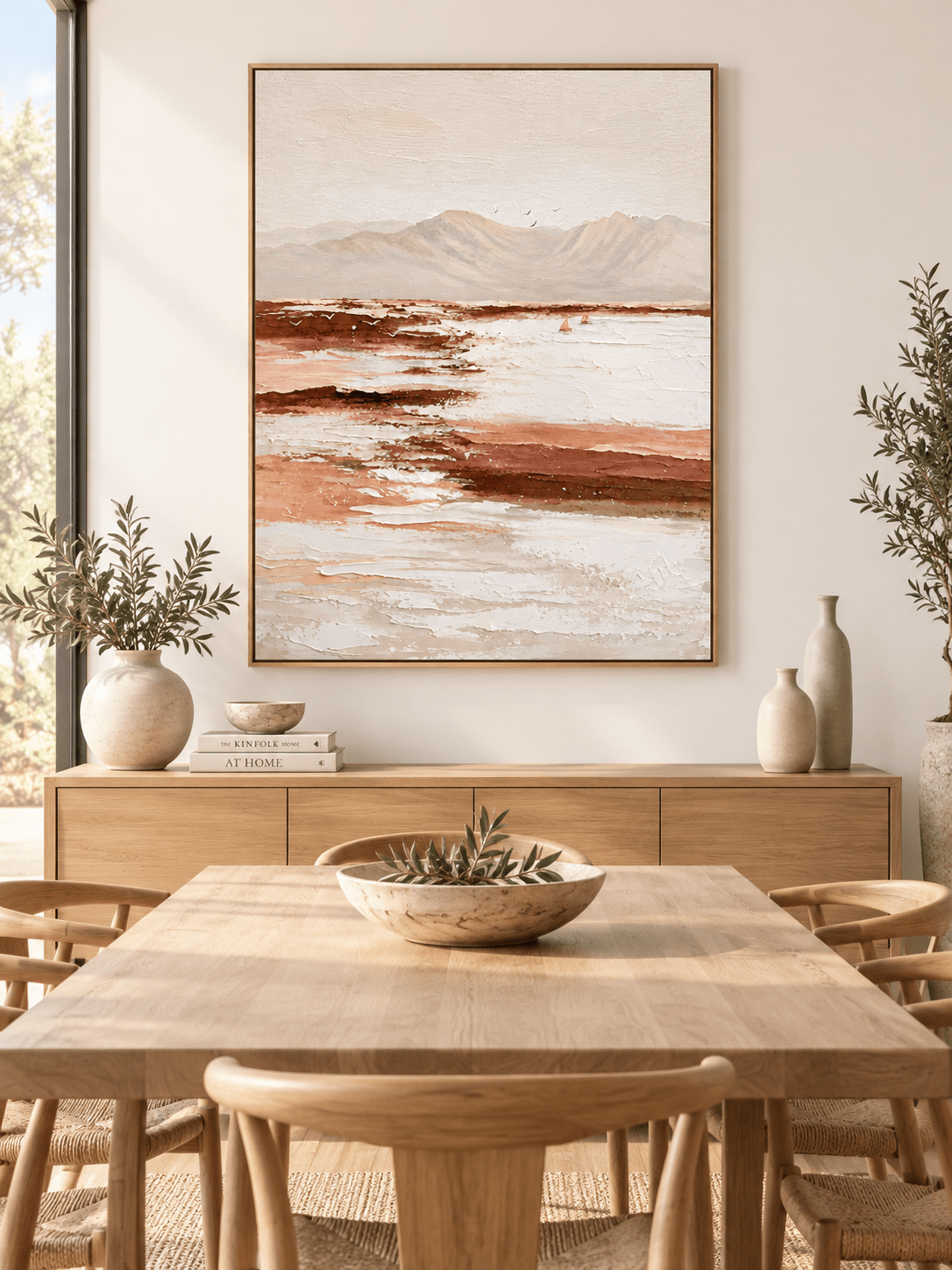 Vertical neutral mountain landscape wall art displayed in an open dining room with walnut and stone furniture
