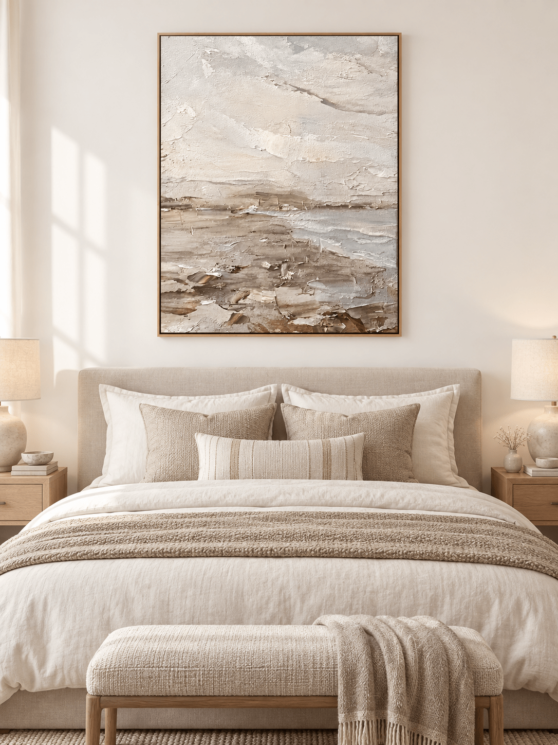 Ivory and taupe textured seascape painting displayed above a dresser in a warm neutral bedroom