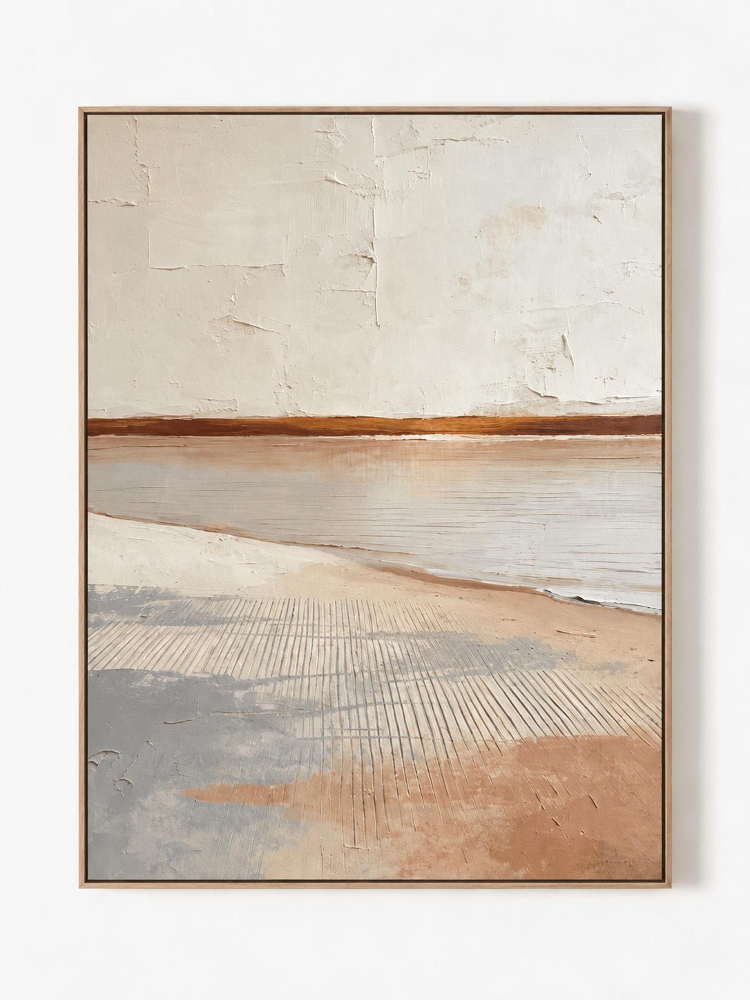 Hand-painted neutral coastal wall art in ivory terracotta sand and blue-gray with textured shoreline by Evelyn Li