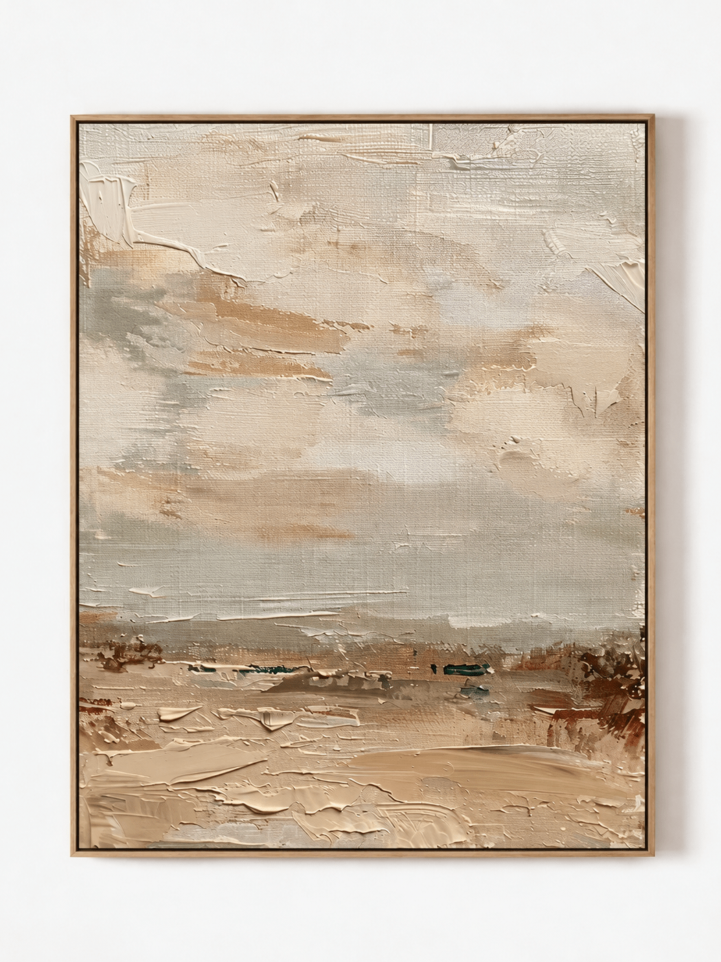 Hand-painted neutral abstract landscape wall art in ivory beige greige and muted sage by Evelyn Li