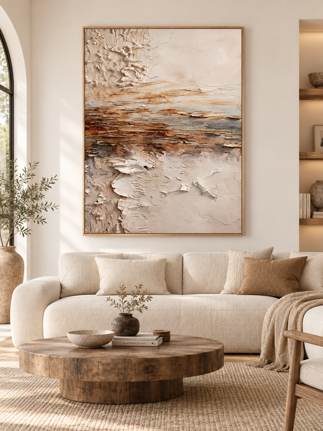 Large earth tone textured abstract landscape painting displayed above a sofa in a modern organic living room