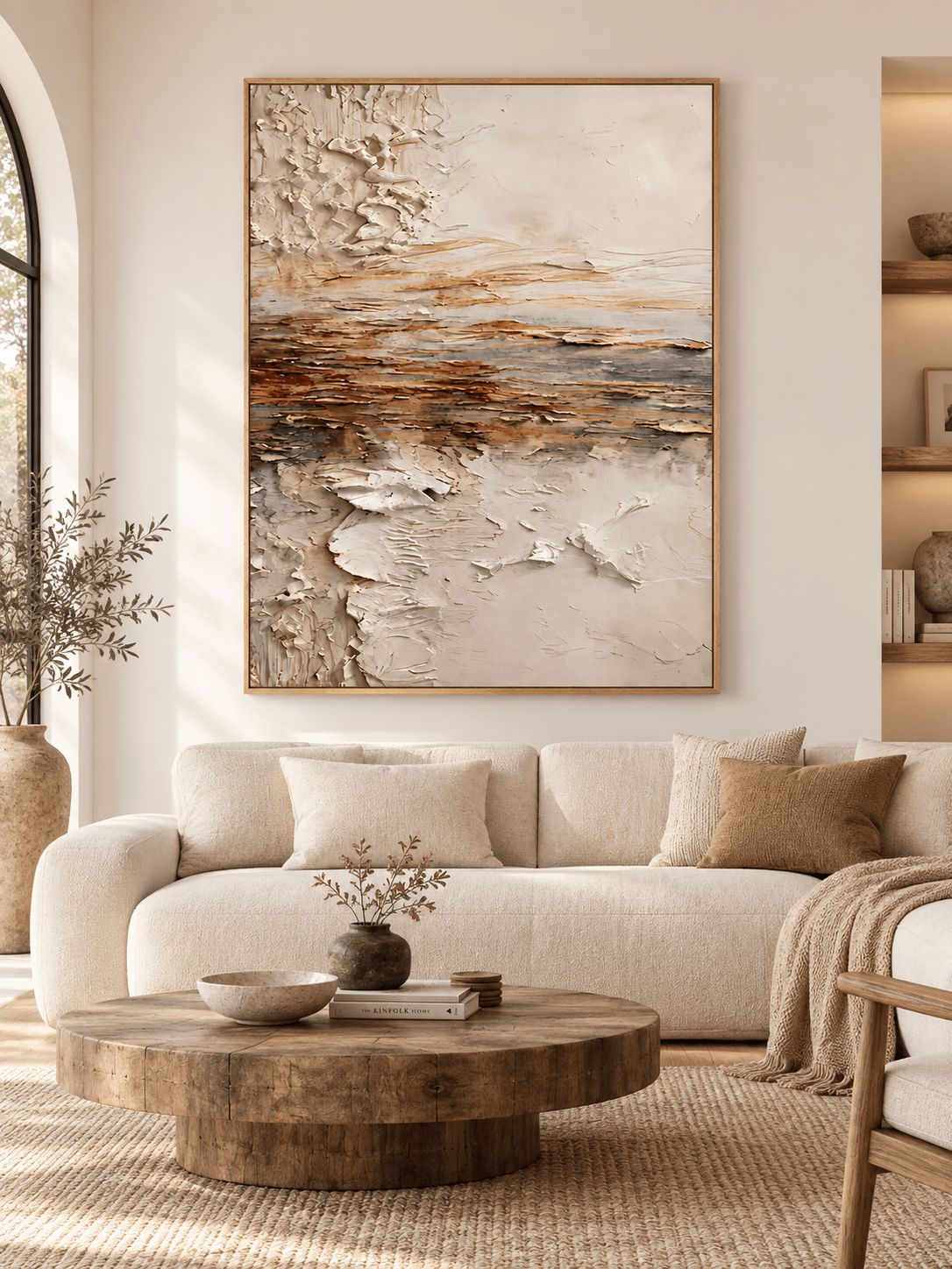 Large earth tone textured abstract landscape painting displayed above a sofa in a modern organic living room
