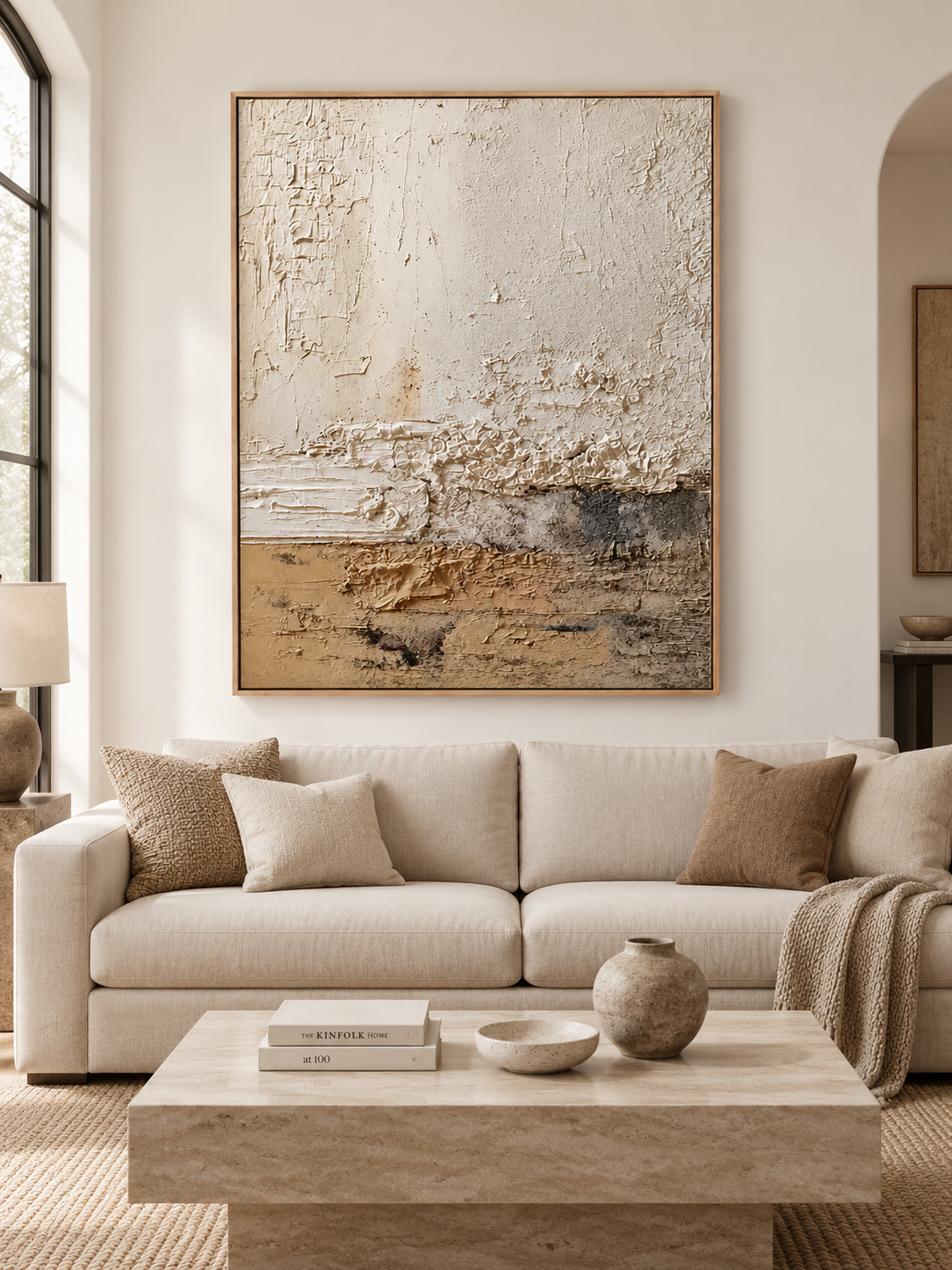 Large Wabi Sabi textured abstract wall art displayed above a sofa in a warm neutral modern living room