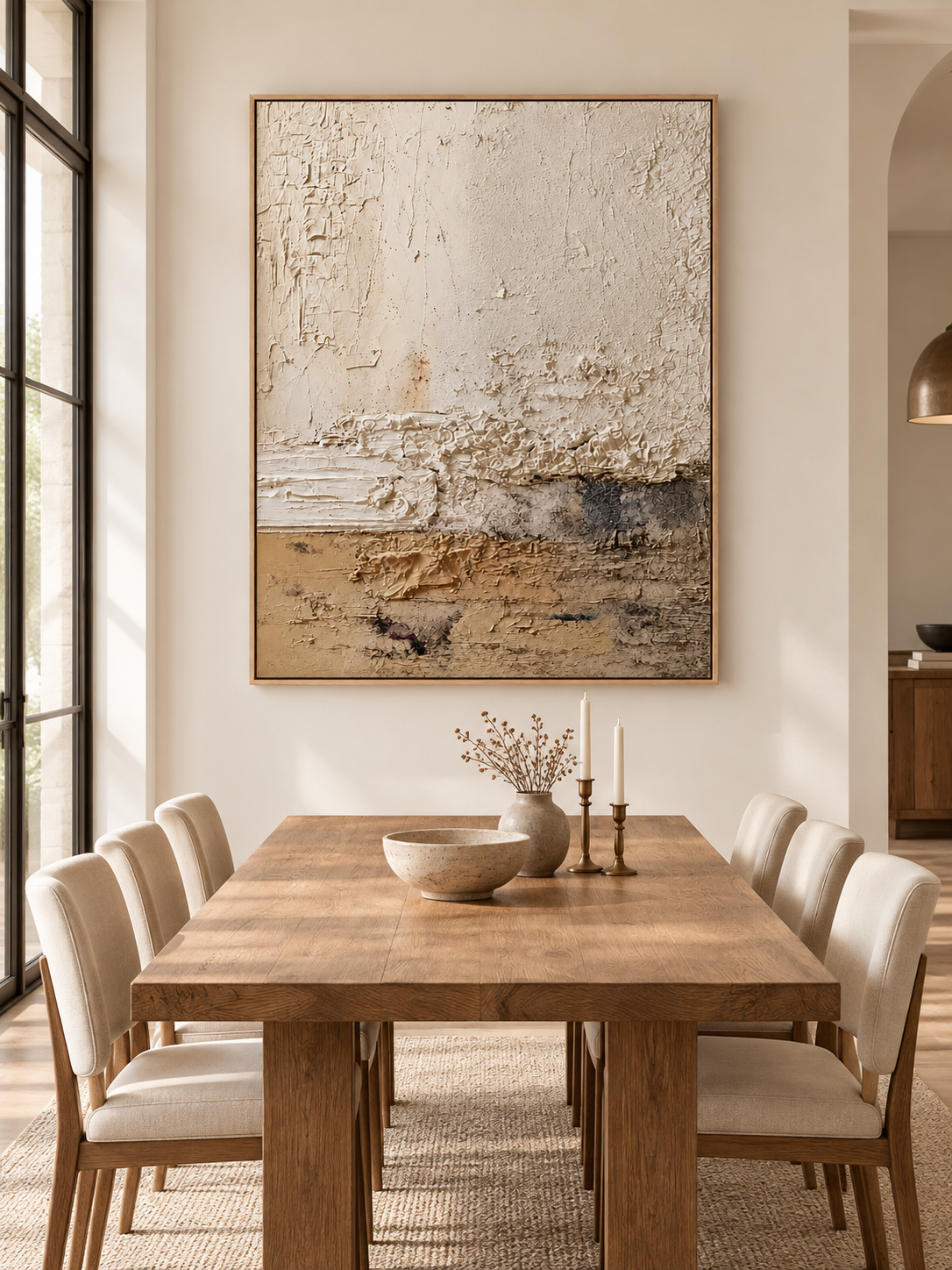 Hand-painted neutral textured landscape wall art displayed in a modern organic open-plan dining room