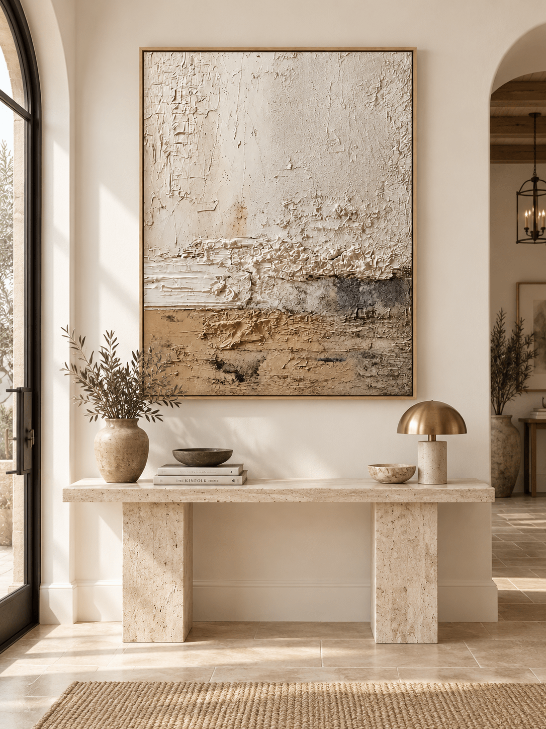 Vertical Wabi Sabi textured wall art displayed above an entryway console in a neutral contemporary interior