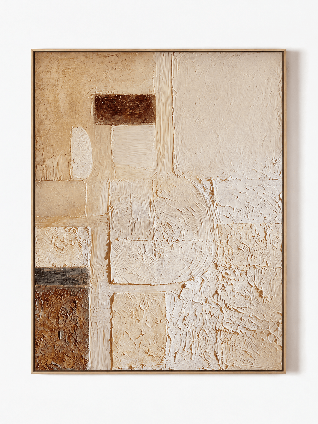 Hand-painted modern organic textured geometric abstract painting in cream, beige and brown by Eliot Vermeer