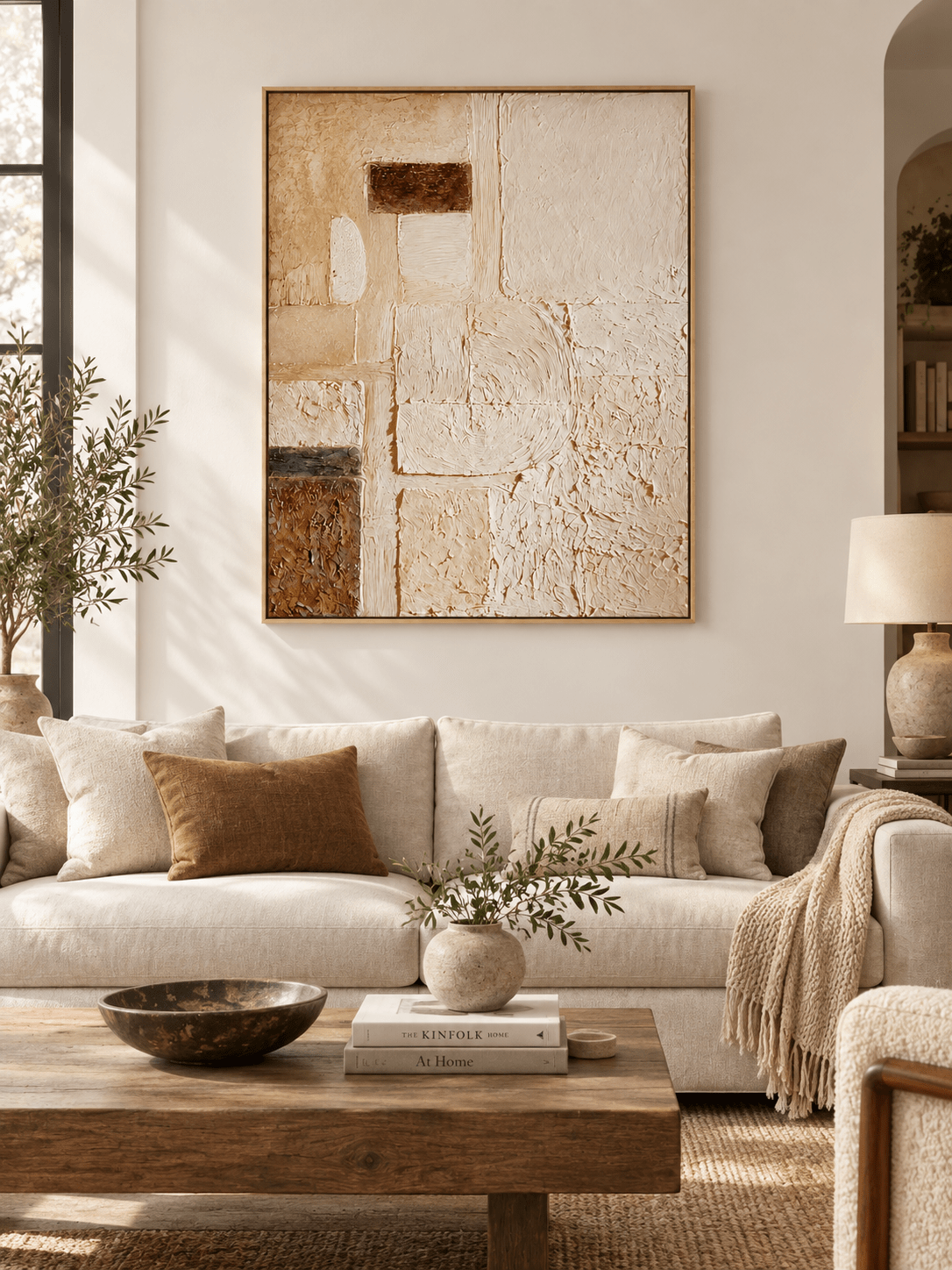 Large neutral textured geometric abstract wall art displayed above a sofa in a modern organic living room