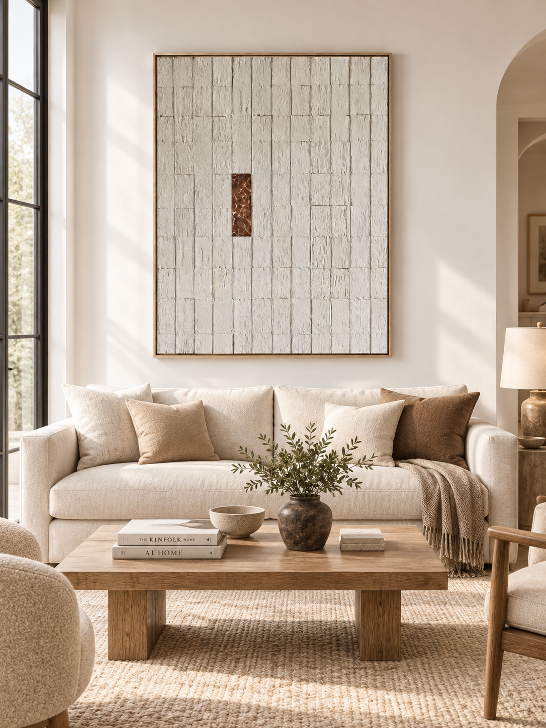 Large neutral textured geometric wall art displayed above a sofa in a minimalist modern living room