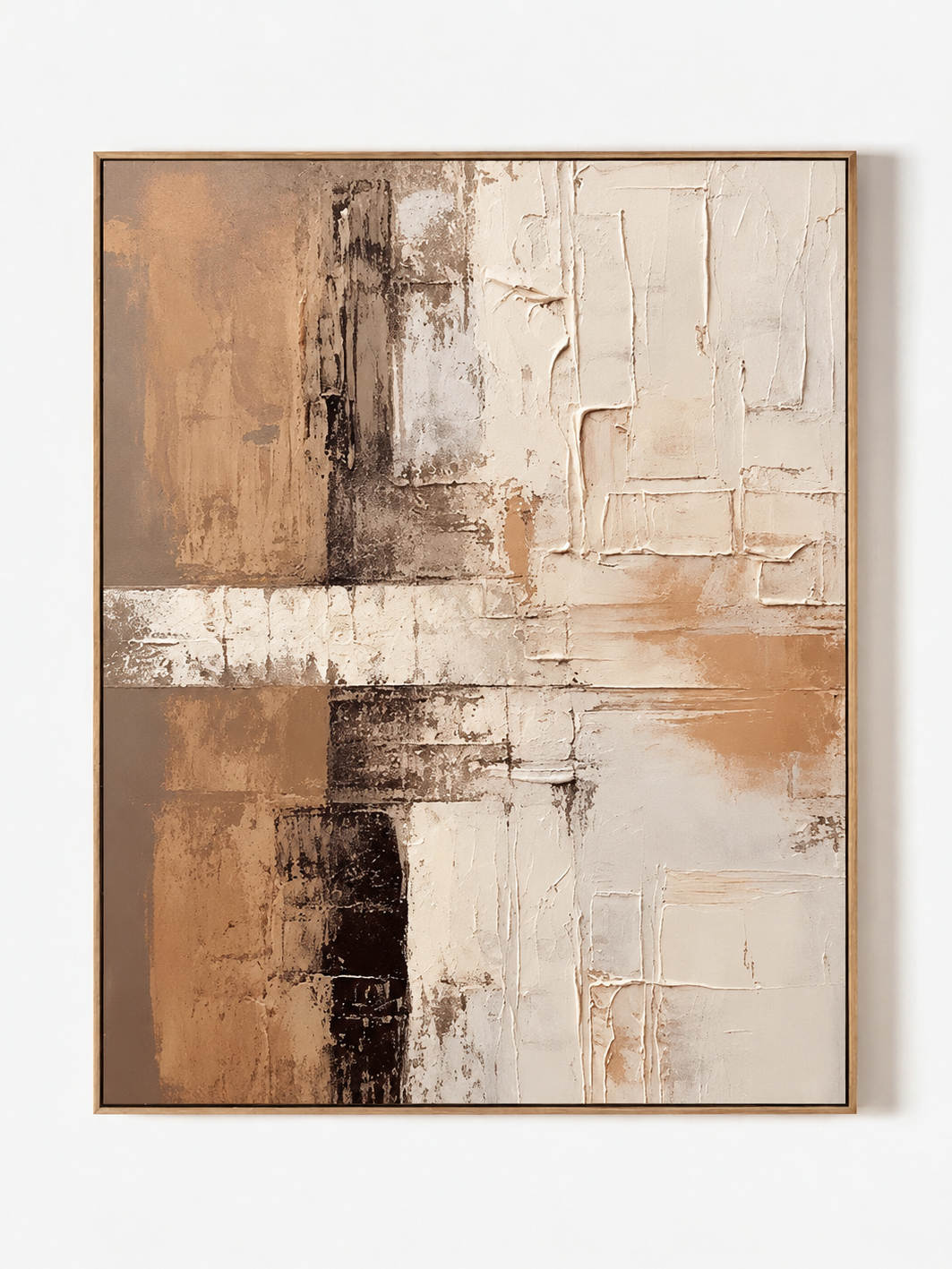 Hand-painted modern organic textured abstract painting in cream, beige and warm brown by Eliot Vermeer