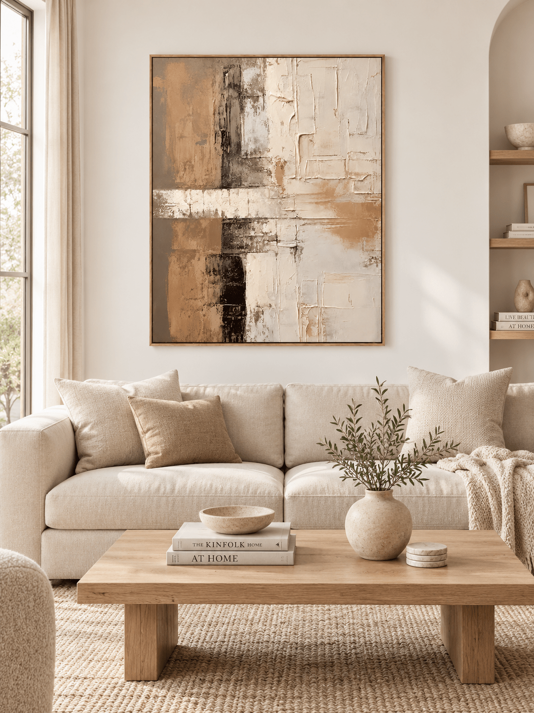 Large neutral textured abstract wall art displayed above a sofa in a modern organic living room