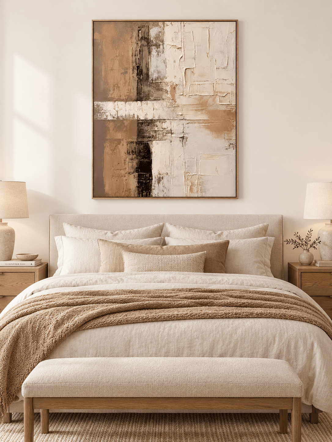 Beige and brown textured abstract painting displayed above a bed in a warm minimalist bedroom