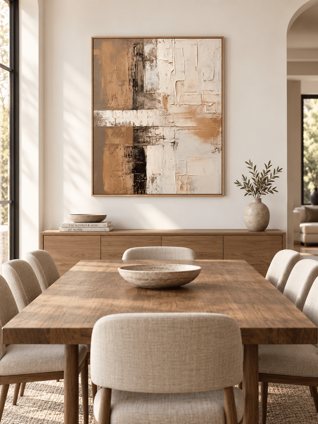 Hand-painted neutral abstract wall art displayed in a modern organic open-plan dining room