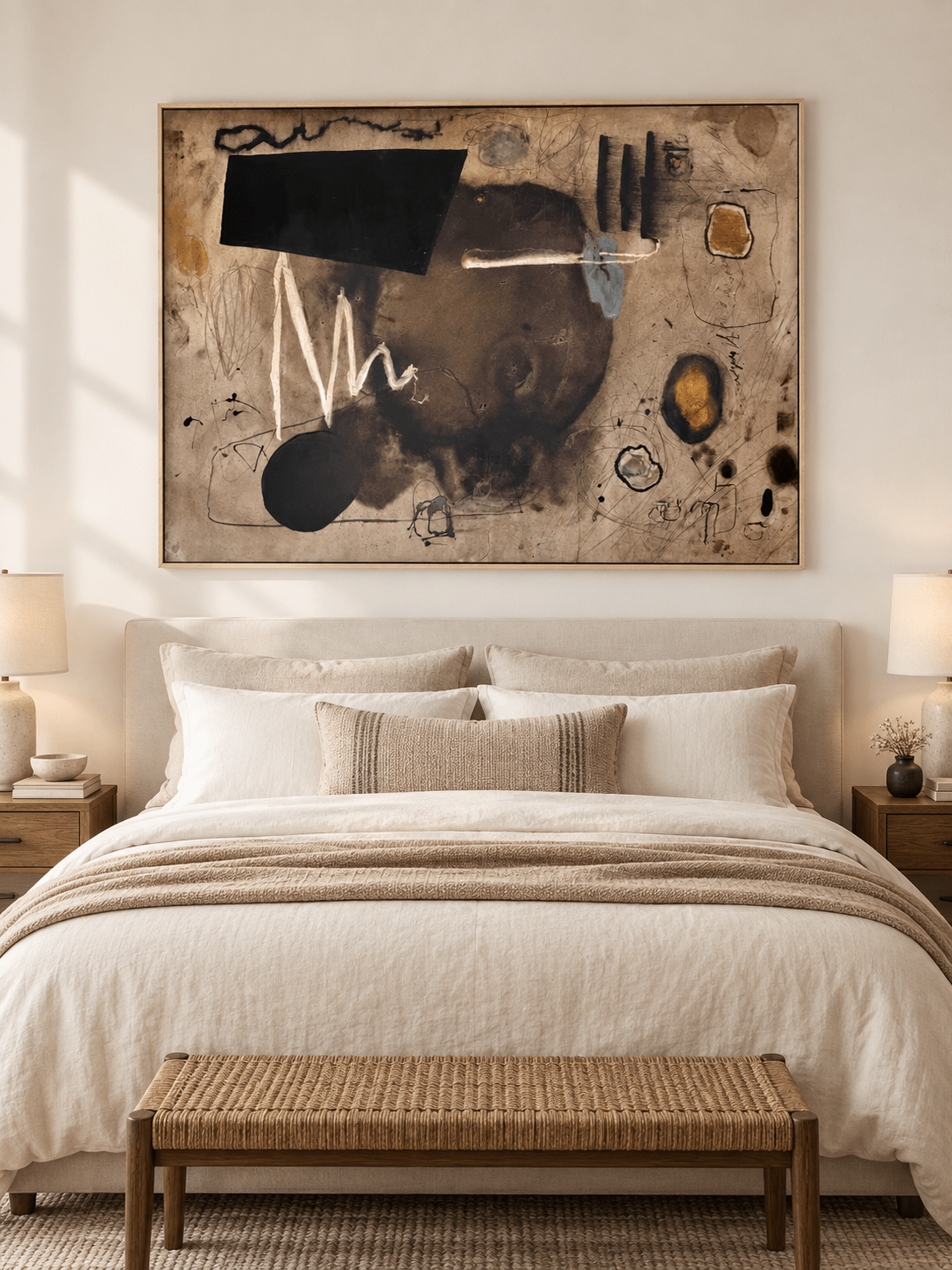 Brown and black gestural abstract painting displayed above a bed in a warm modern bedroom