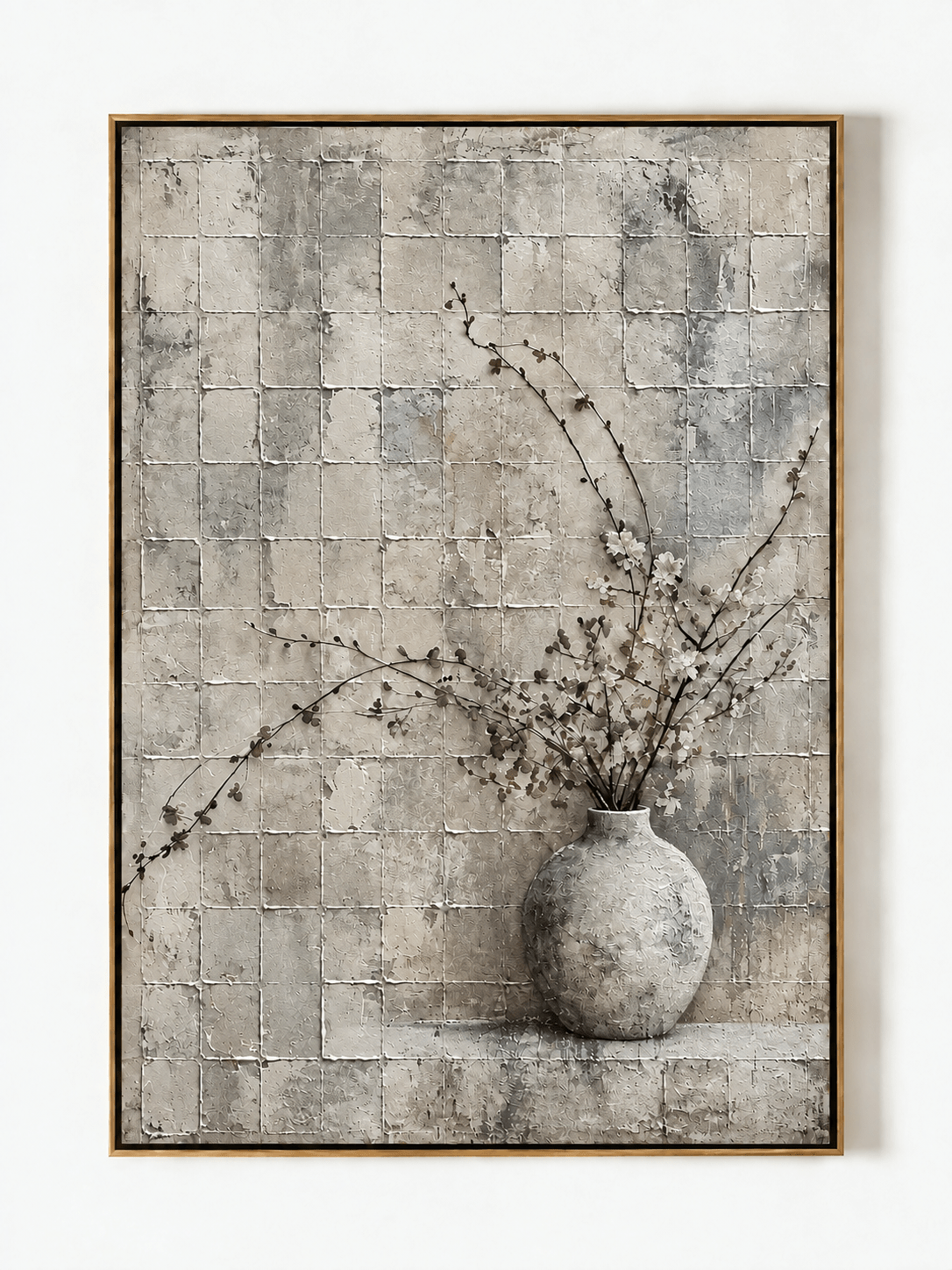 Hand-painted Wabi Sabi textured floral still life painting with a neutral vase and branches by Eliot Vermeer