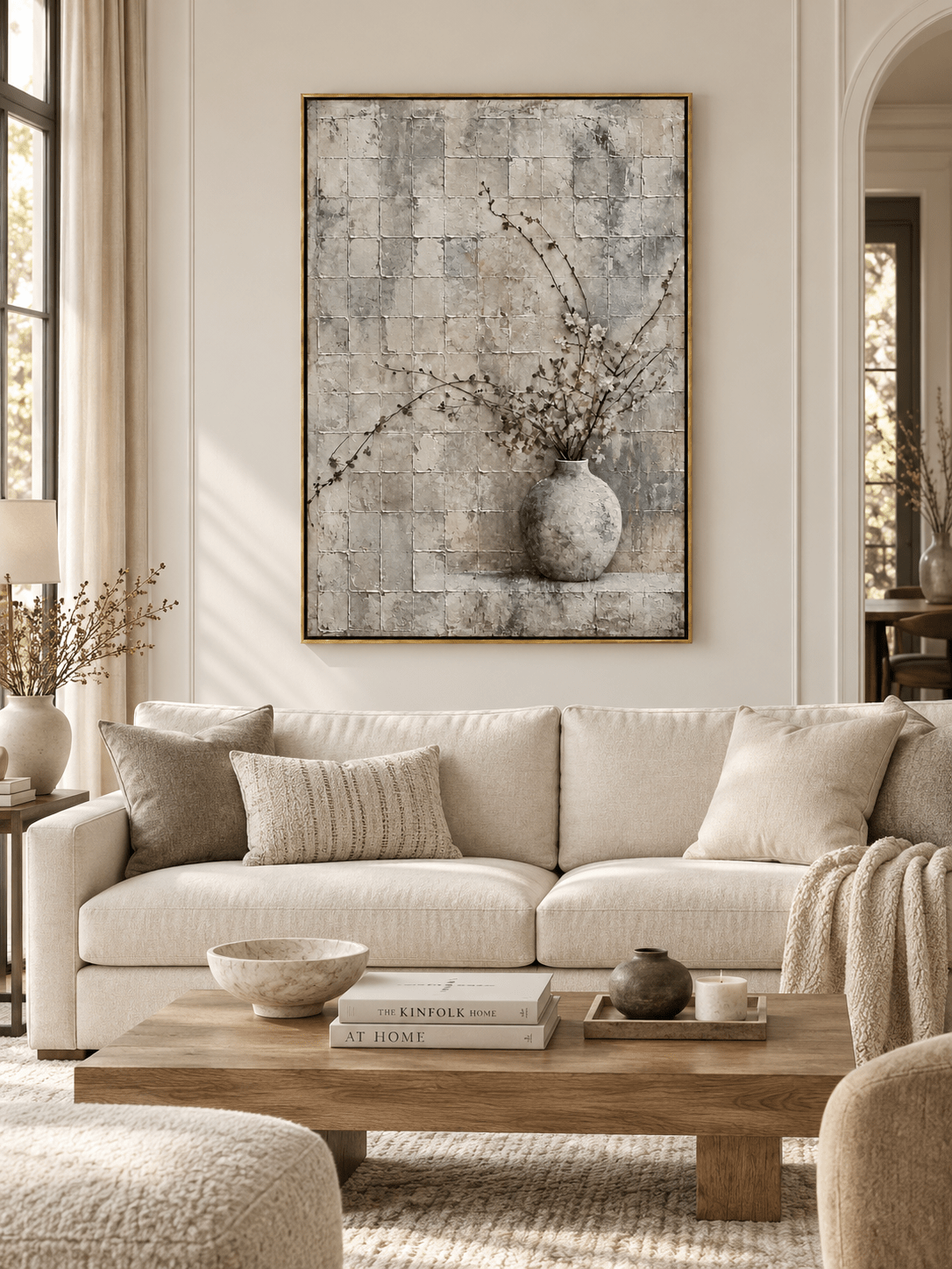 Large neutral textured floral wall art displayed above a sofa in a warm modern organic living room