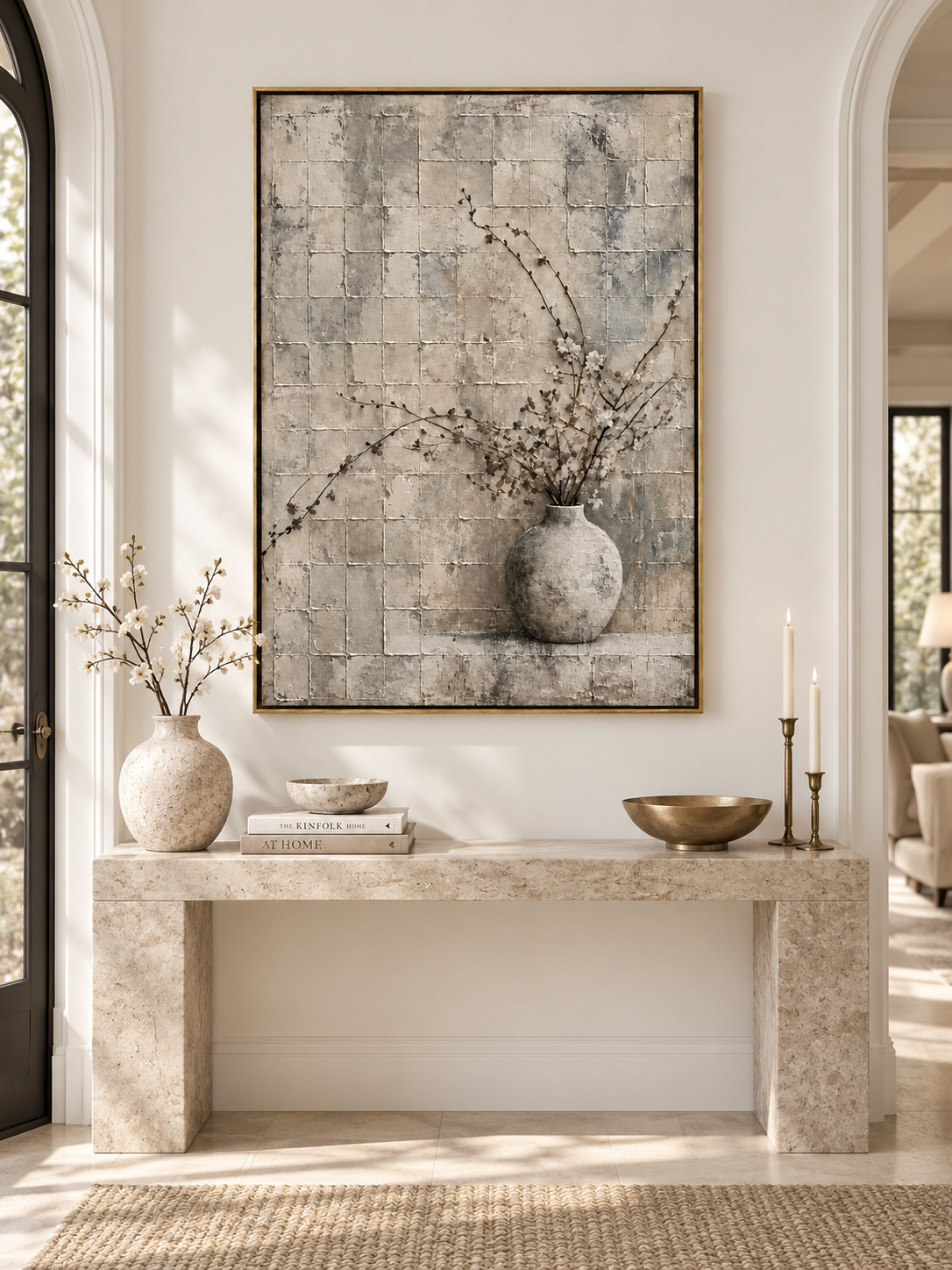 Vertical neutral floral vase wall art displayed above a console in a Wabi Sabi inspired entryway
