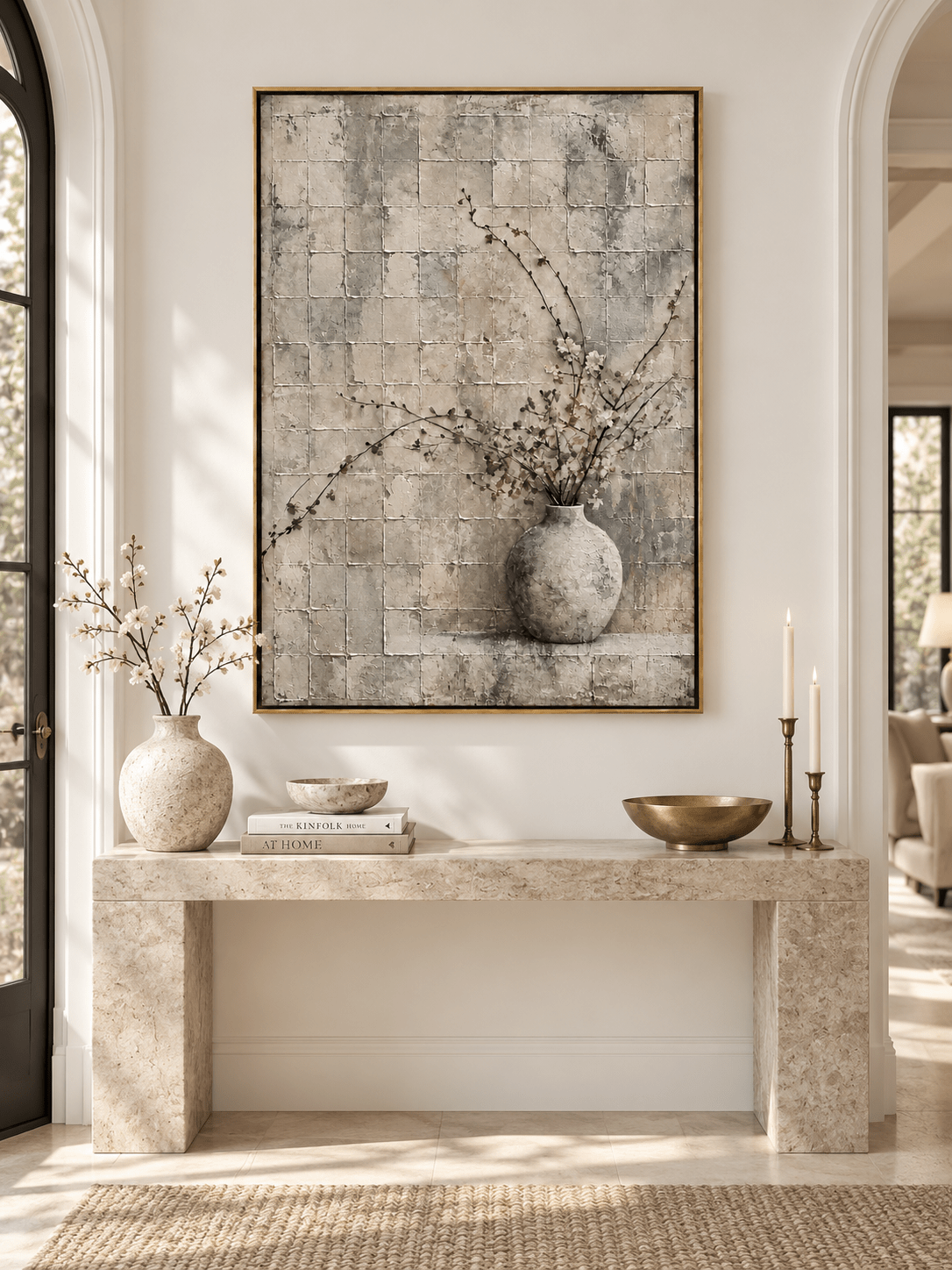 Vertical neutral floral vase wall art displayed above a console in a Wabi Sabi inspired entryway