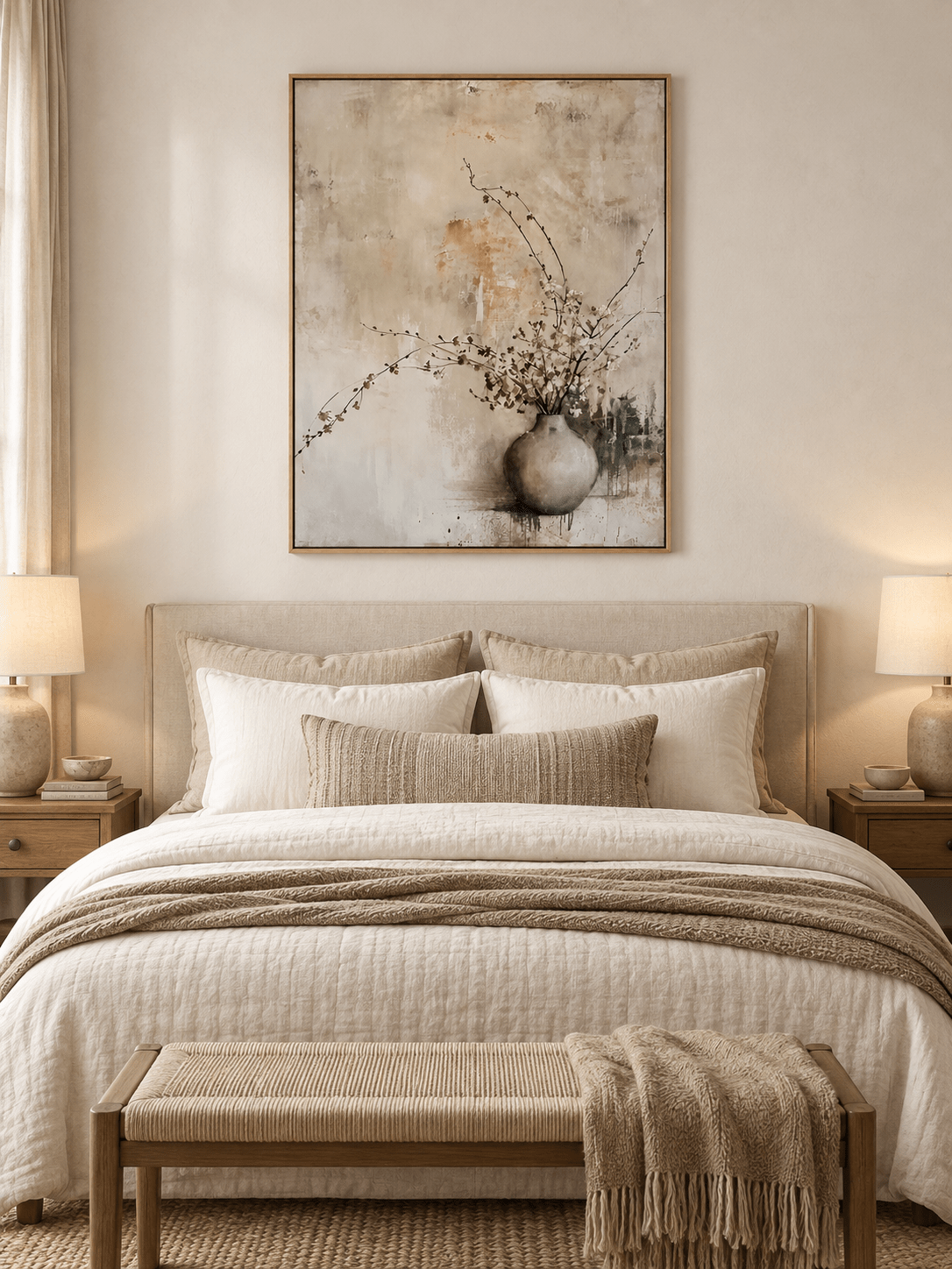 Minimalist beige floral vase painting displayed above a bed in a calming Japandi style bedroom