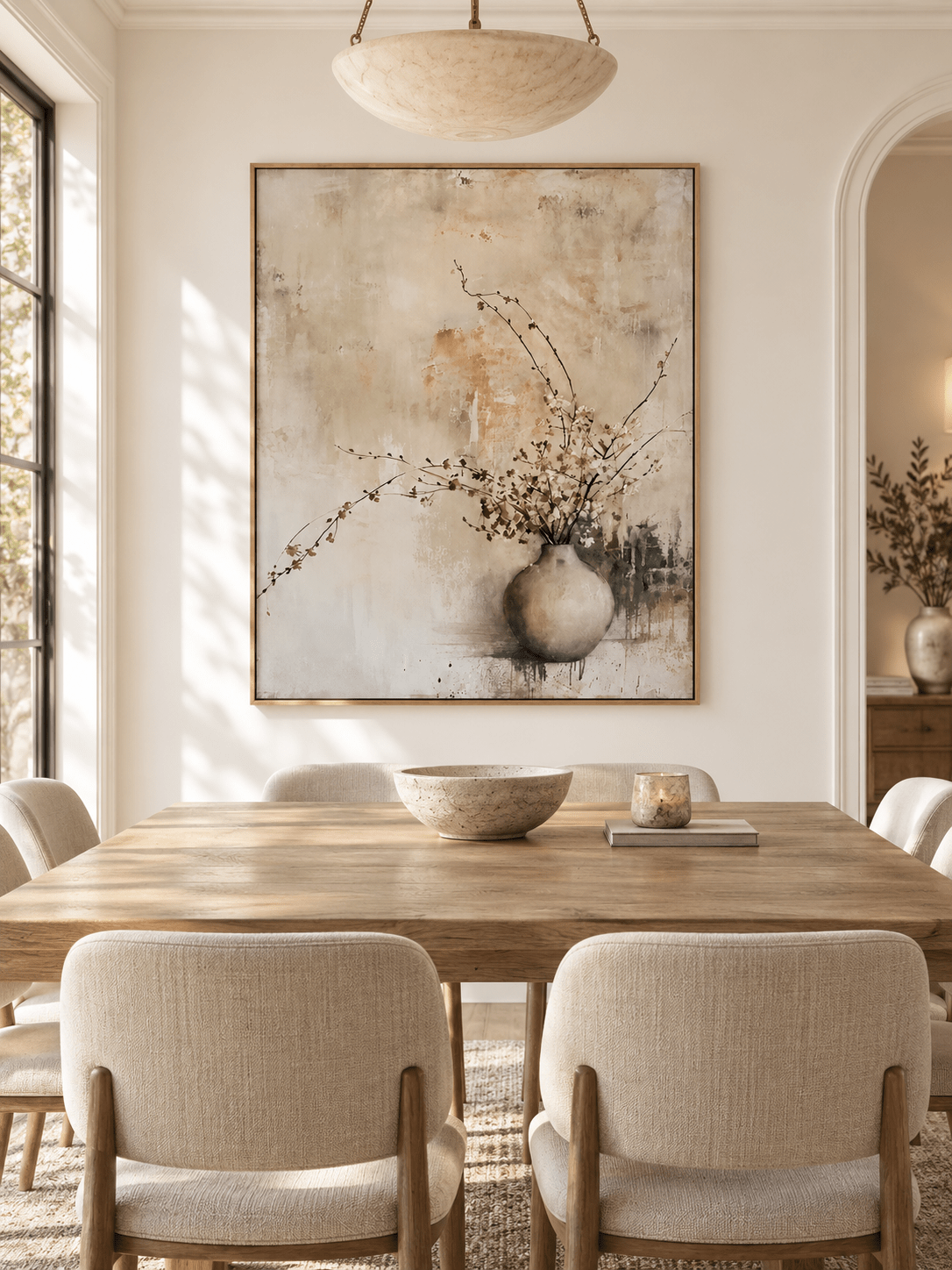 Hand-painted neutral botanical wall art displayed in a modern organic open-plan dining room