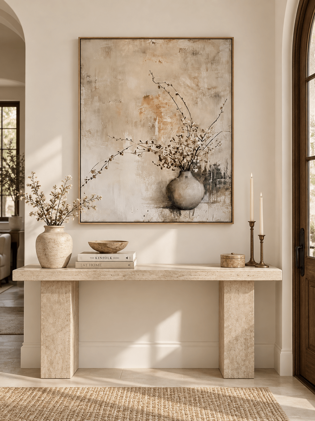 Vertical Wabi Sabi floral vase wall art displayed above a console in a neutral entryway