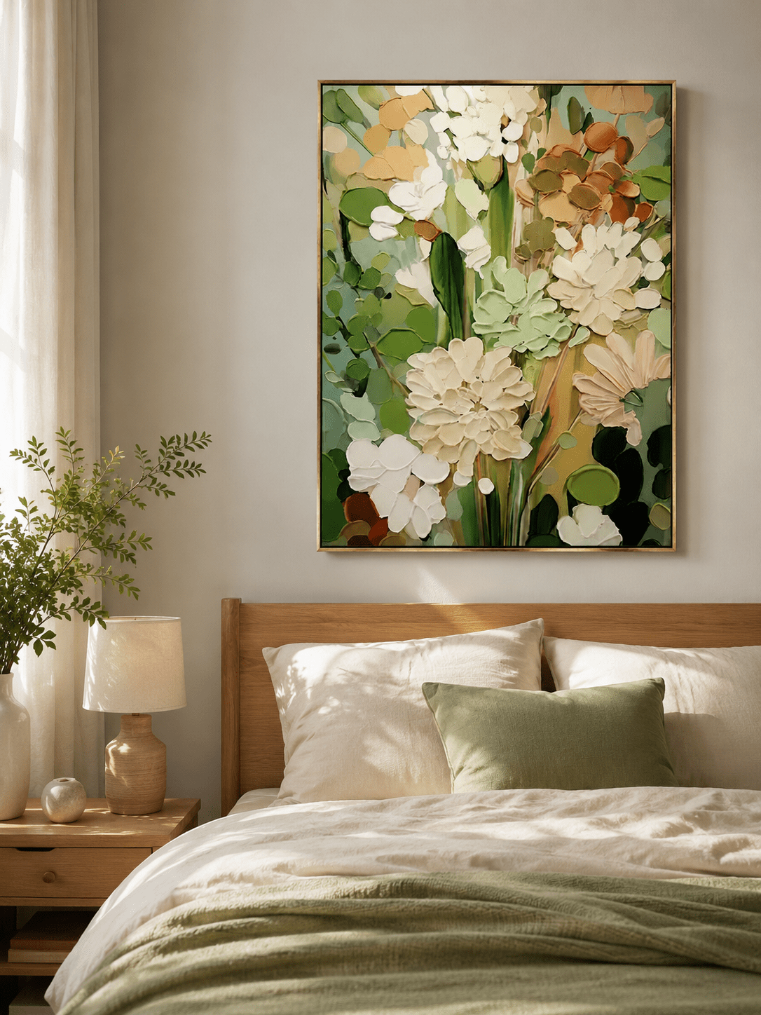 Textured green and cream floral painting displayed in a warm neutral contemporary bedroom