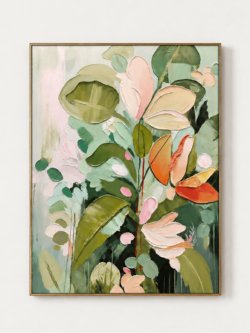 Hand-painted abstract botanical wall art with sage green leaves, blush pink and coral flowers by Luna Xiao