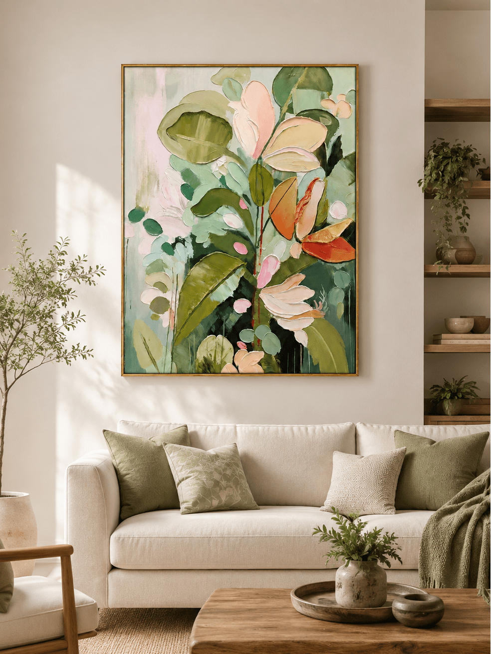 Large pink and green botanical wall art displayed in a modern living room with beige neutral furniture
