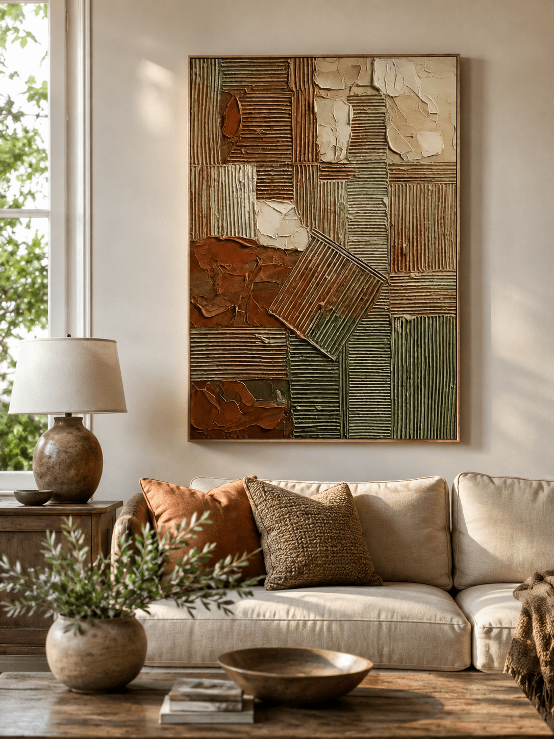 Large textured geometric wall art in terracotta and olive green displayed in a warm neutral modern living room