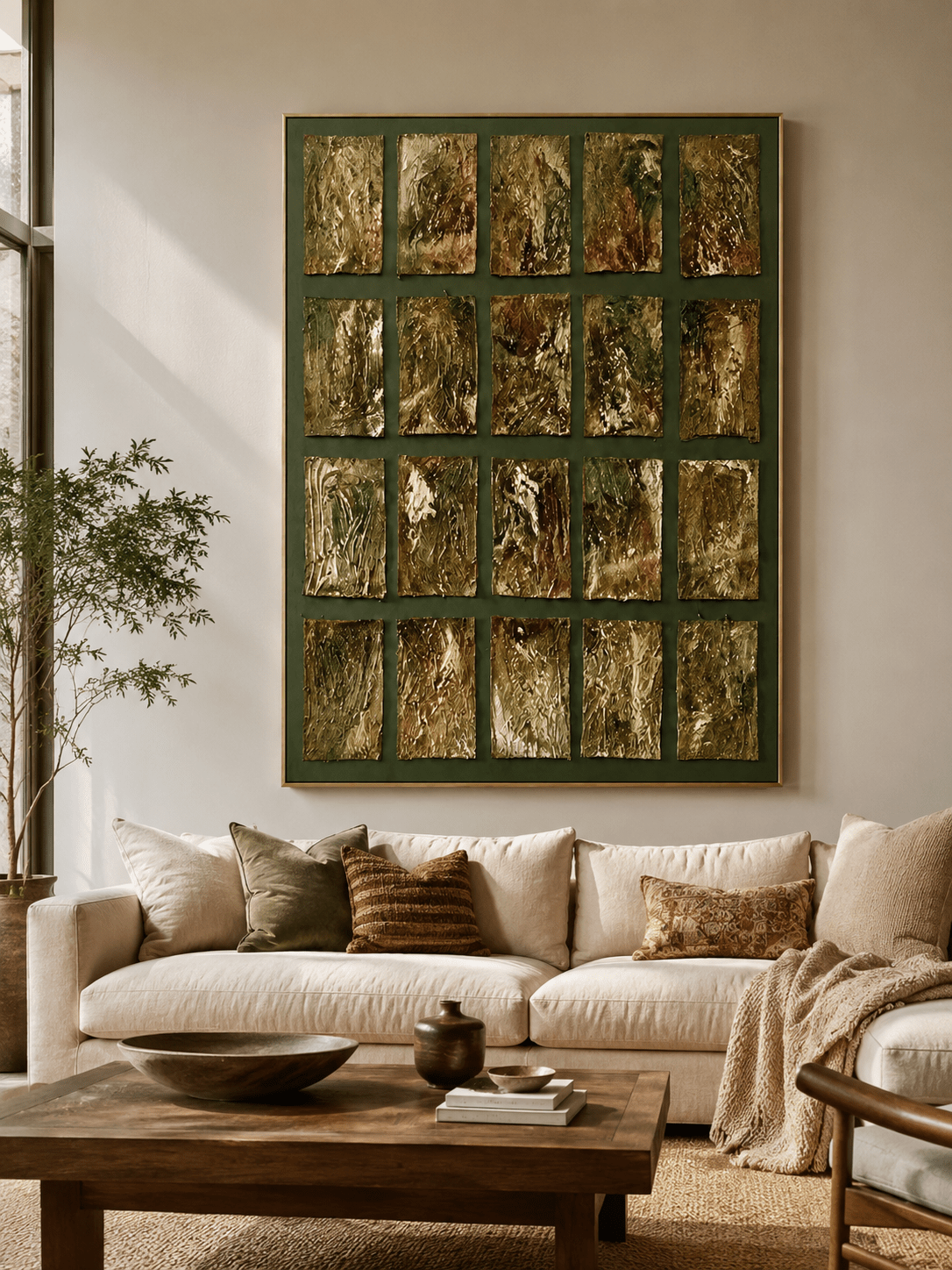 Large olive green and gold geometric wall art displayed in a modern living room with beige neutral furniture