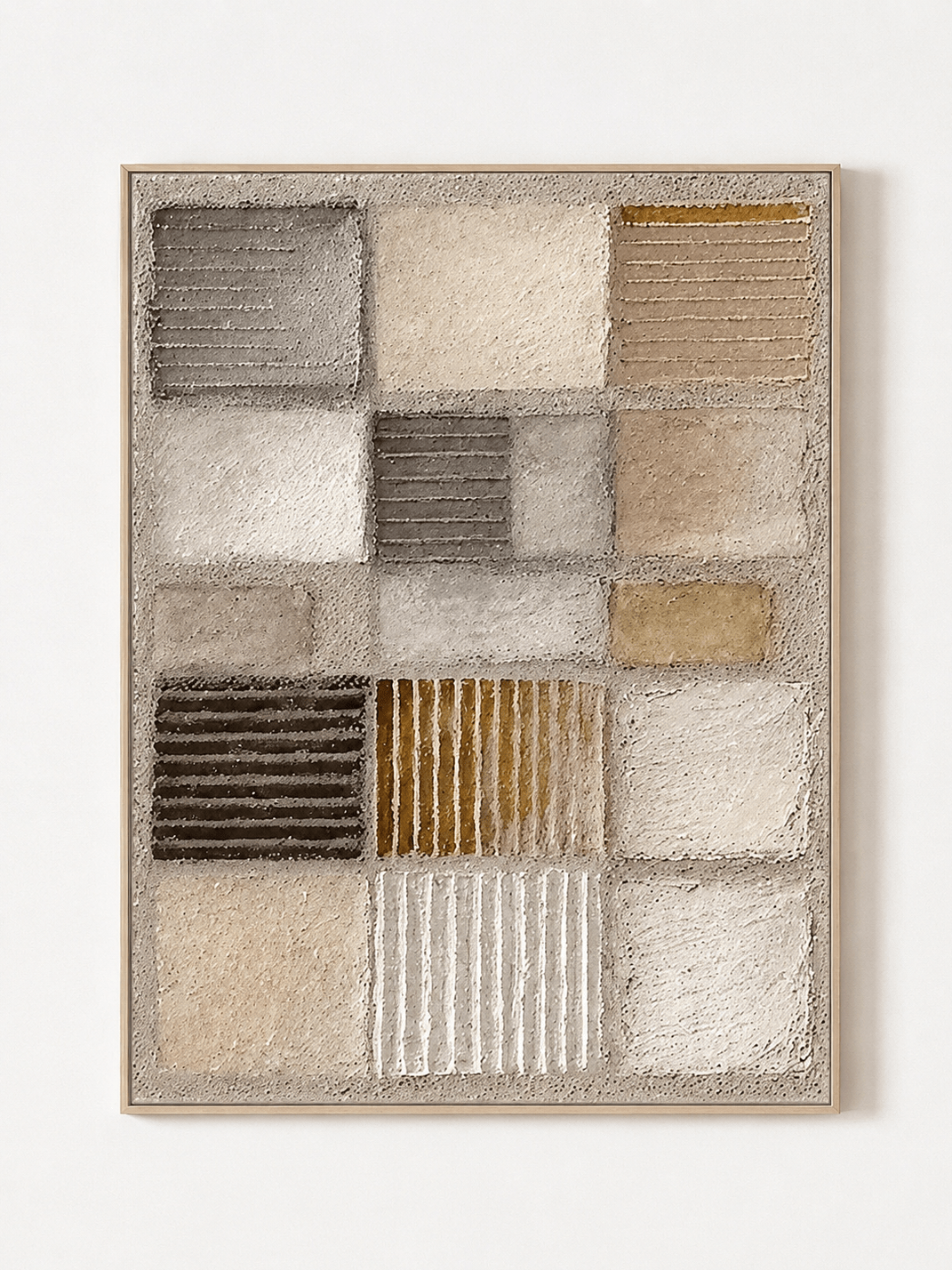 Hand-painted neutral textured geometric wall art in ivory, beige, taupe and ochre by Eliot Vermeer