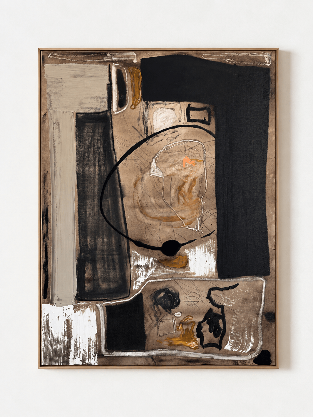 Hand-painted contemporary black and beige abstract painting with geometric shapes and expressive marks by Kaelan Slate