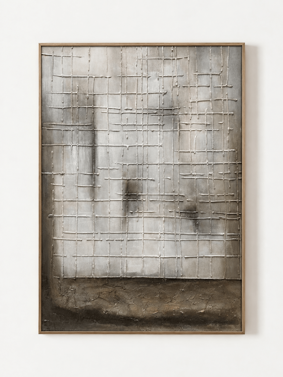 Hand-painted architectural textured grid abstract painting in greige, warm gray and taupe by Eliot Vermeer