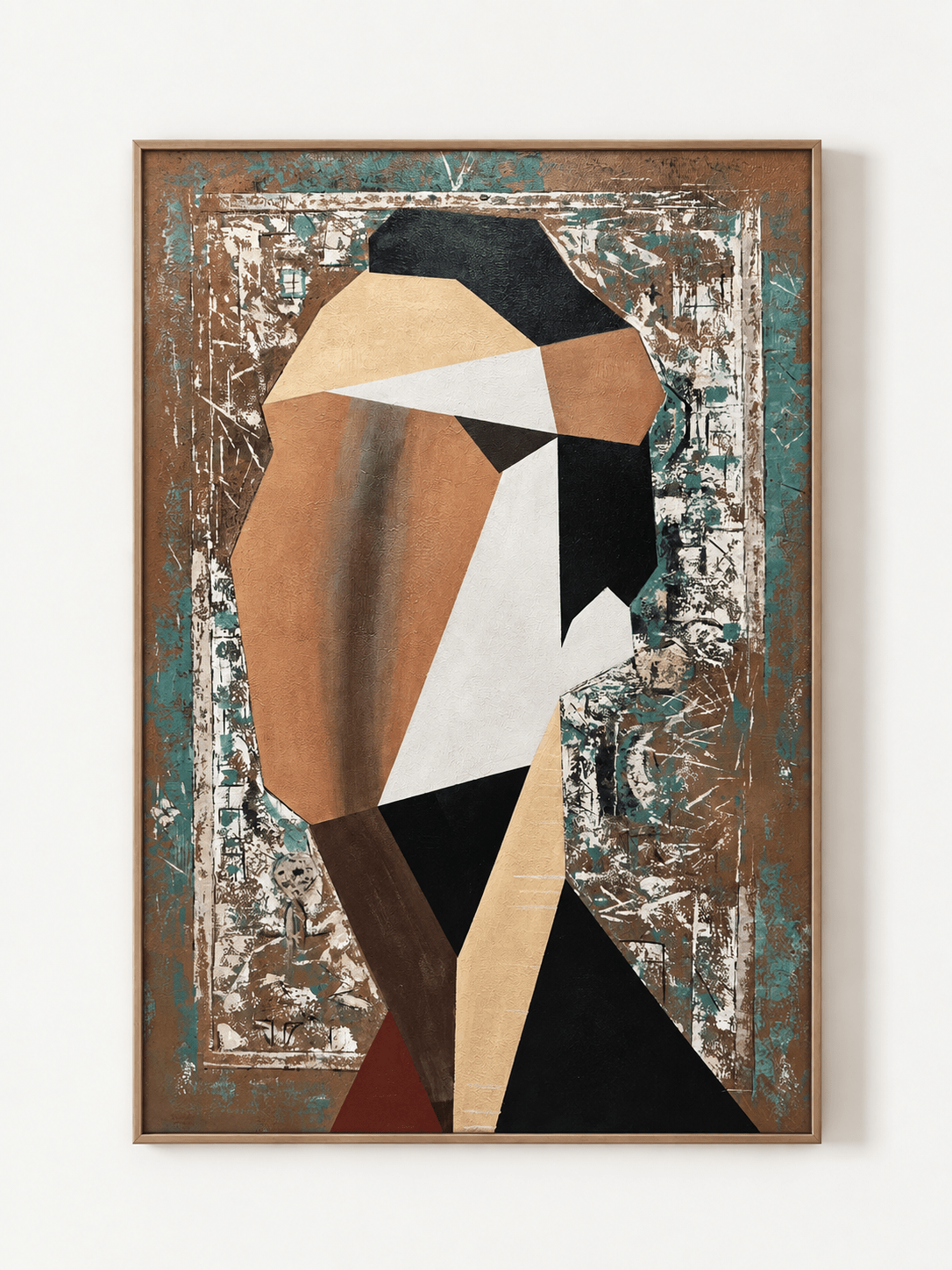 Hand-painted modern cubist woman portrait in terracotta, black and muted teal by Seraphina Rose