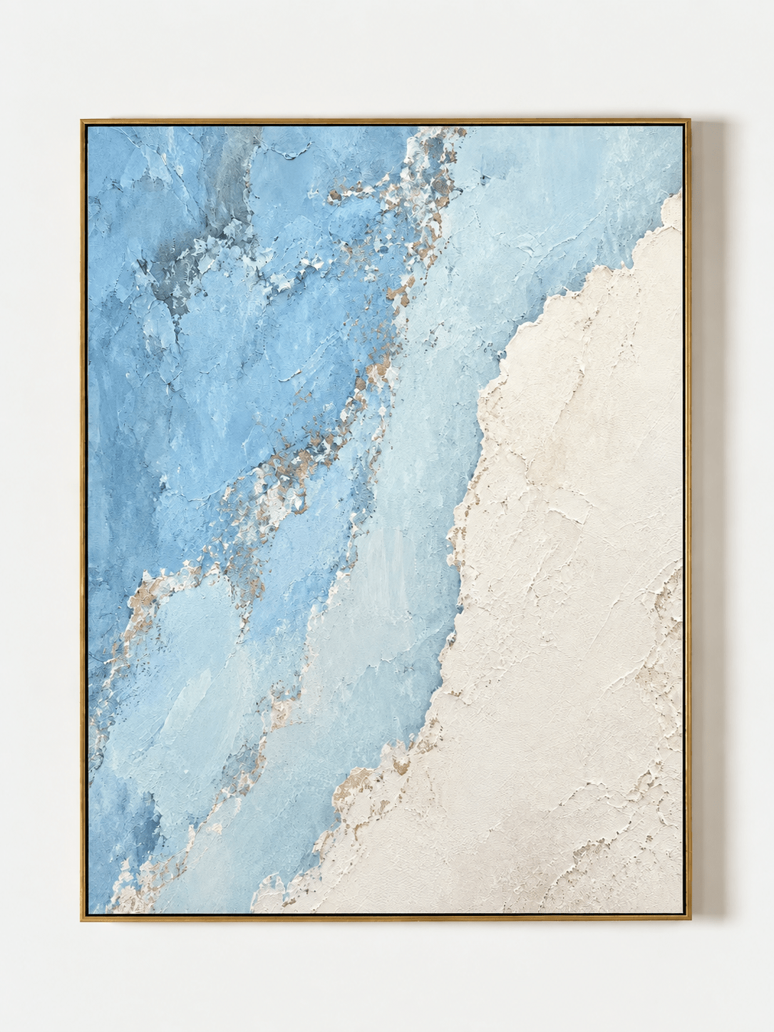 Hand-painted blue and white textured abstract coastline painting with sandy accents by Leo Liang