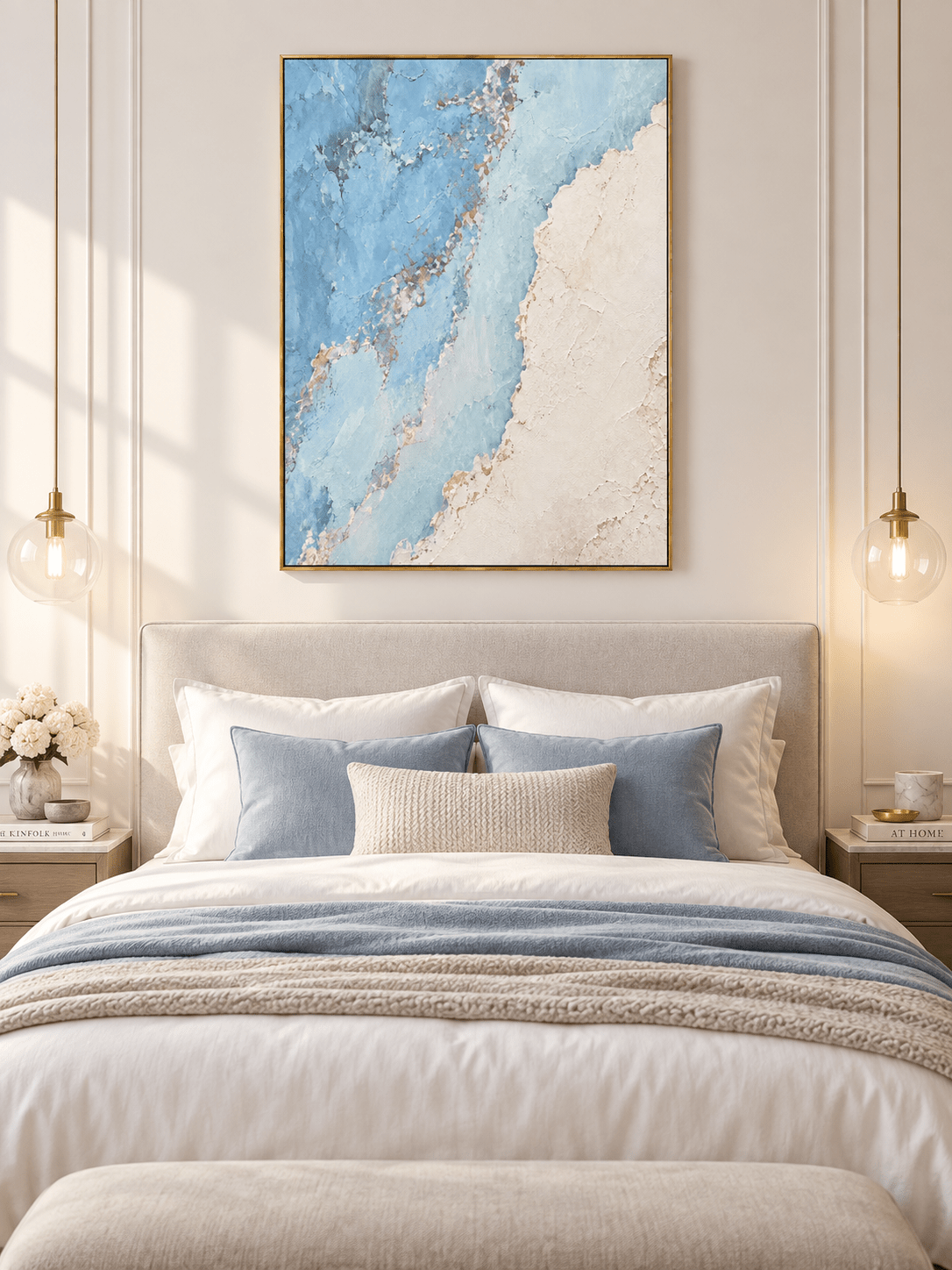 Light blue abstract seascape painting displayed above a bed in a calming modern coastal bedroom